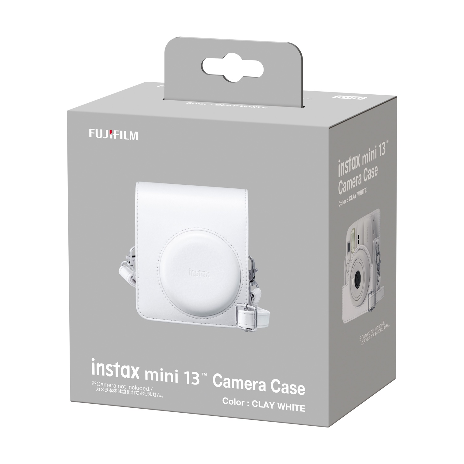 Scatola di imballaggio grigia per una custodia per fotocamera bianca Fujifilm Instax Mini 13.