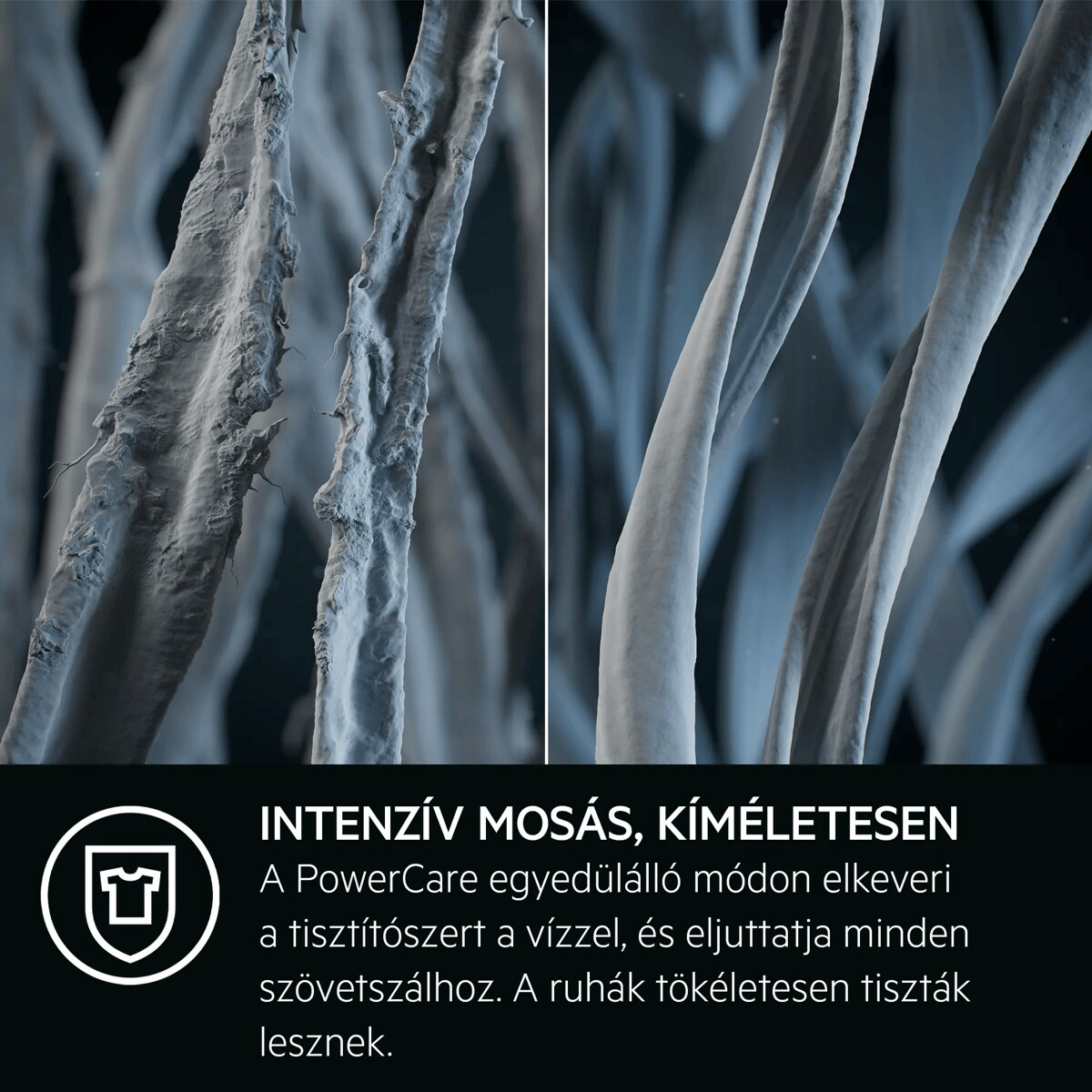 Szövetszálak makró nézete előtte és utána, magyar nyelvű PowerCare szöveggel.
