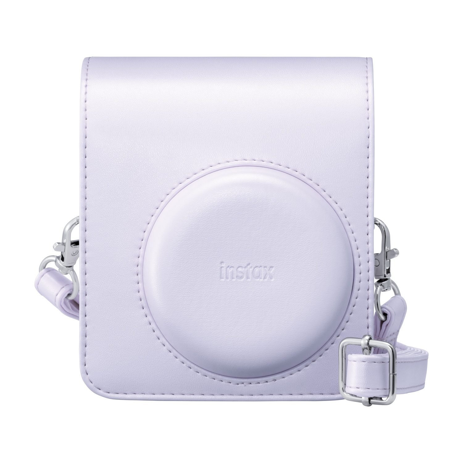 Custodia per fotocamera Instax viola chiaro con fibbie argentate su sfondo bianco.