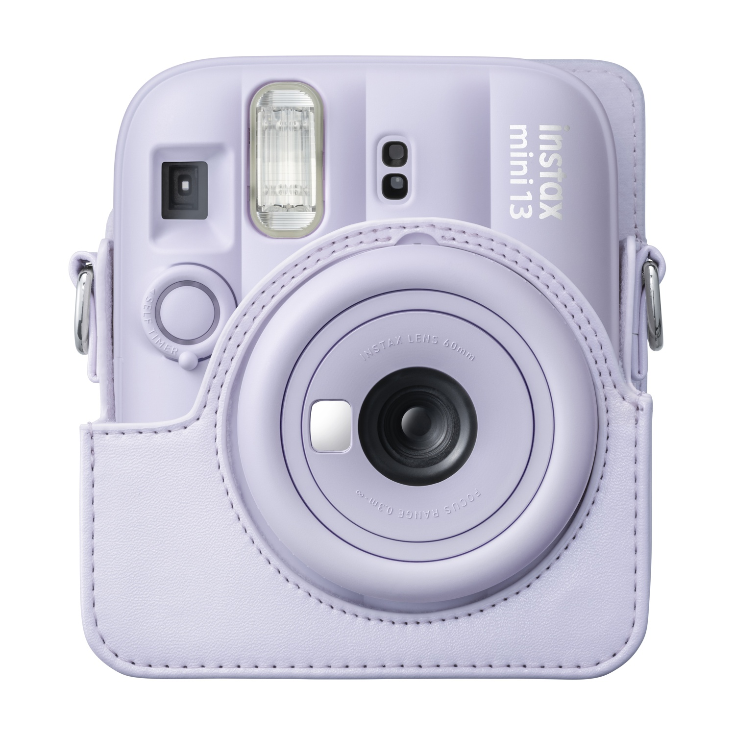 Una fotocamera istantanea Instax Mini 13 viola chiaro all'interno di una custodia protettiva abbinata.
