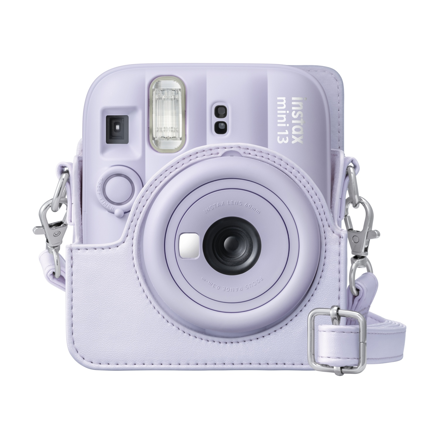 Una fotocamera Instax Mini 12 viola chiaro in una custodia protettiva abbinata con tracolla, isolata su bianco.
