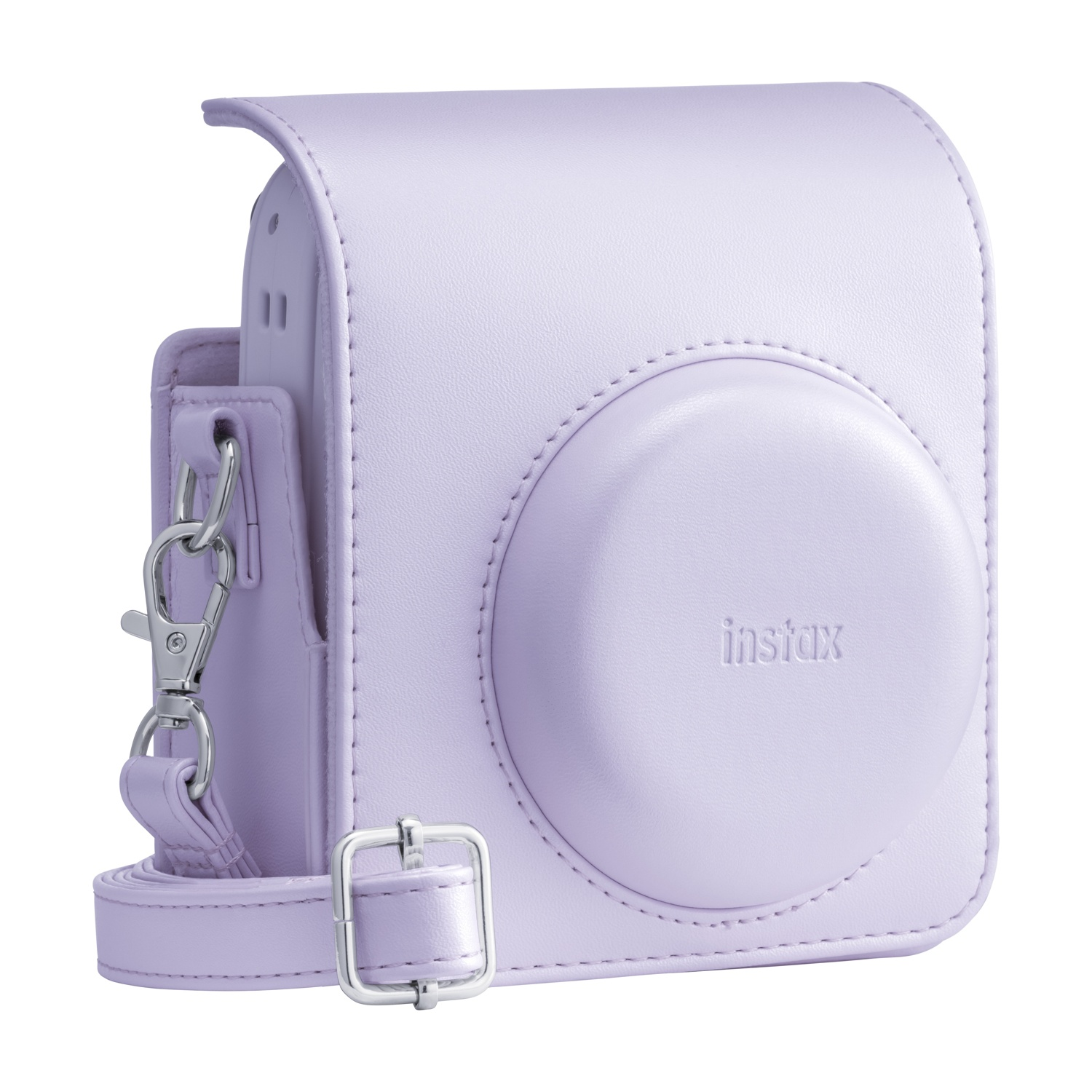 Custodia per fotocamera Instax in ecopelle lilla con tracolla e fibbia argentate.