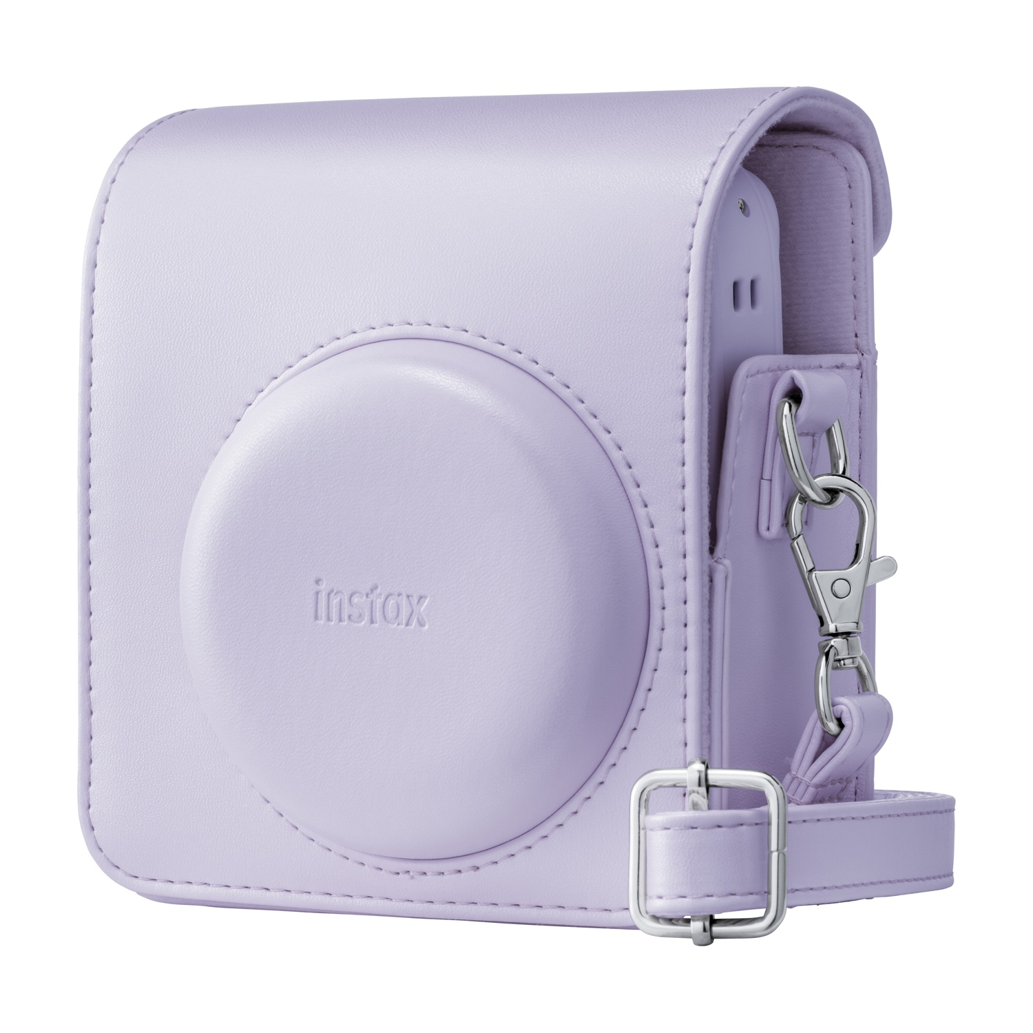 Custodia per fotocamera Instax viola chiaro con chiusure in metallo argentato su sfondo bianco.