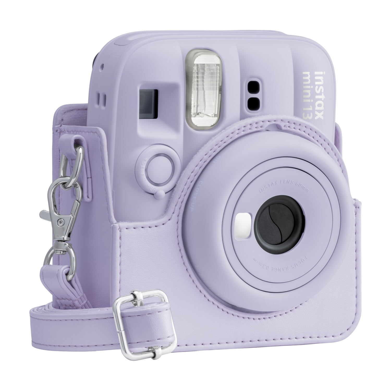 Una fotocamera istantanea Instax Mini 12 viola in una custodia protettiva abbinata con tracolla argentata.