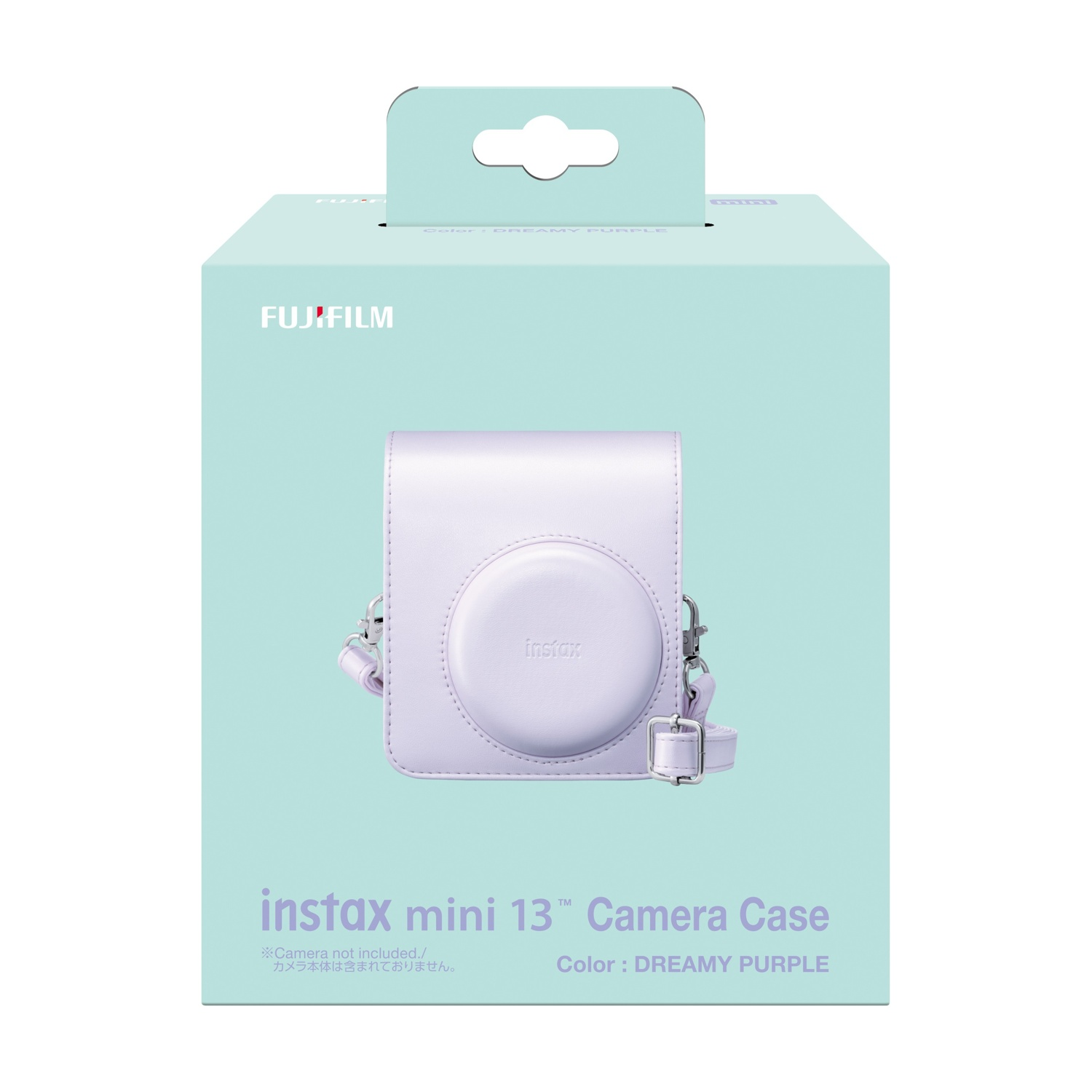Una scatola azzurra mostra una custodia per fotocamera Instax mini 13 viola da sogno con cinturino.
