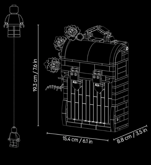 Linienzeichnung eines Lego-Sets mit Maßen von 19,3 cm Höhe, 15,4 cm Breite und 8,8 cm Tiefe auf schwarzem Hintergrund.