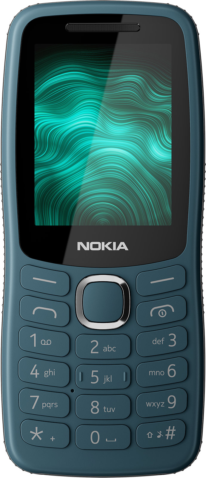 Egy kék Nokia nyomógombos telefon zöld hullámos kijelzővel.
