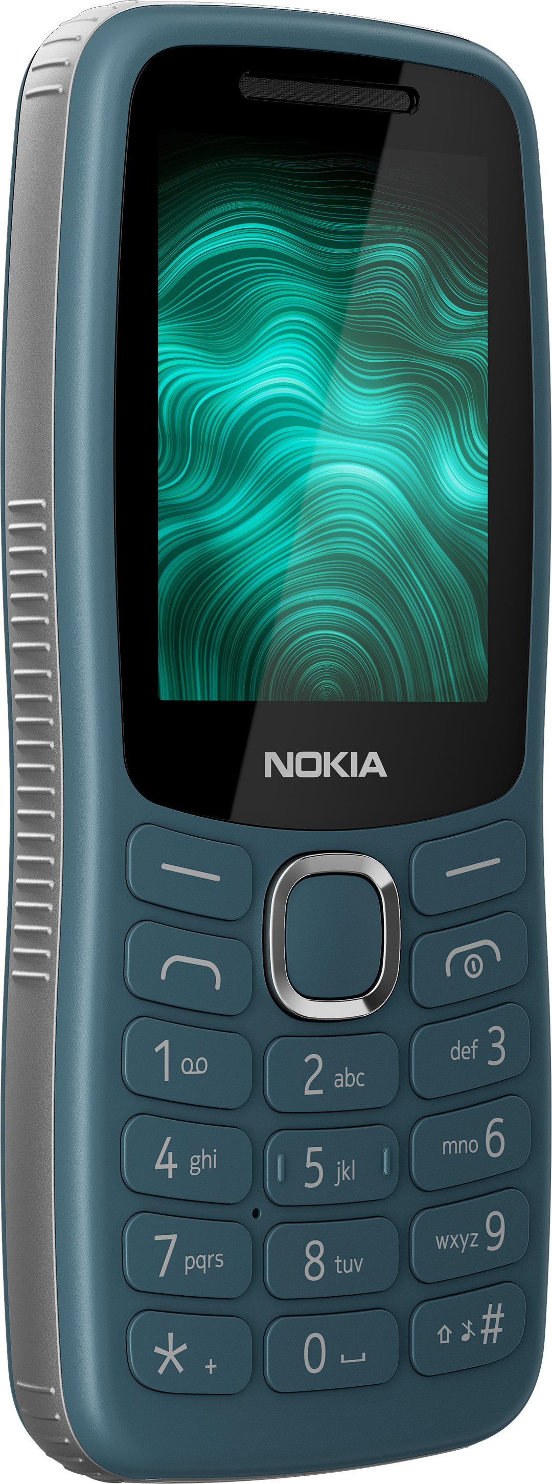 Egy kék Nokia nyomógombos telefon zöld absztrakt háttérképpel a képernyőn és fizikai billentyűzettel.