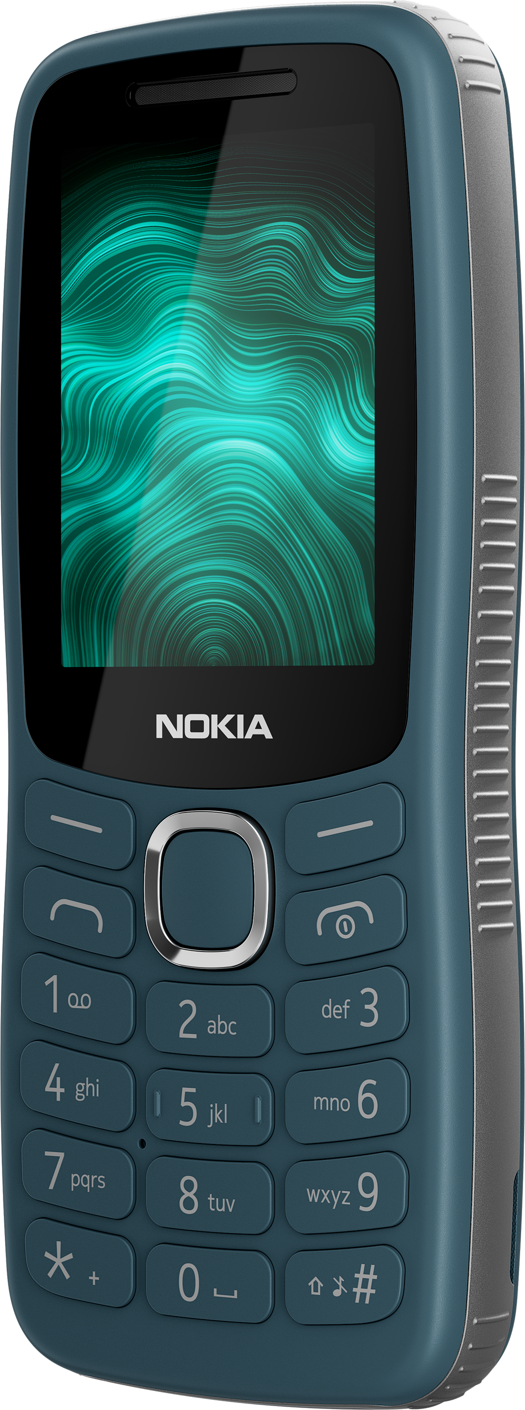 Egy kék Nokia nyomógombos telefon, zöld hullámmintával a kijelzőn.