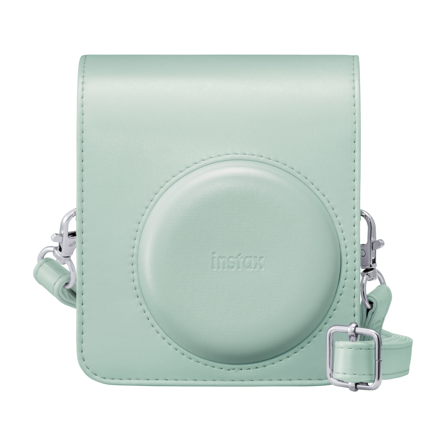 Borsa per fotocamera Instax in pelle verde chiaro con fibbie argentate su sfondo bianco.