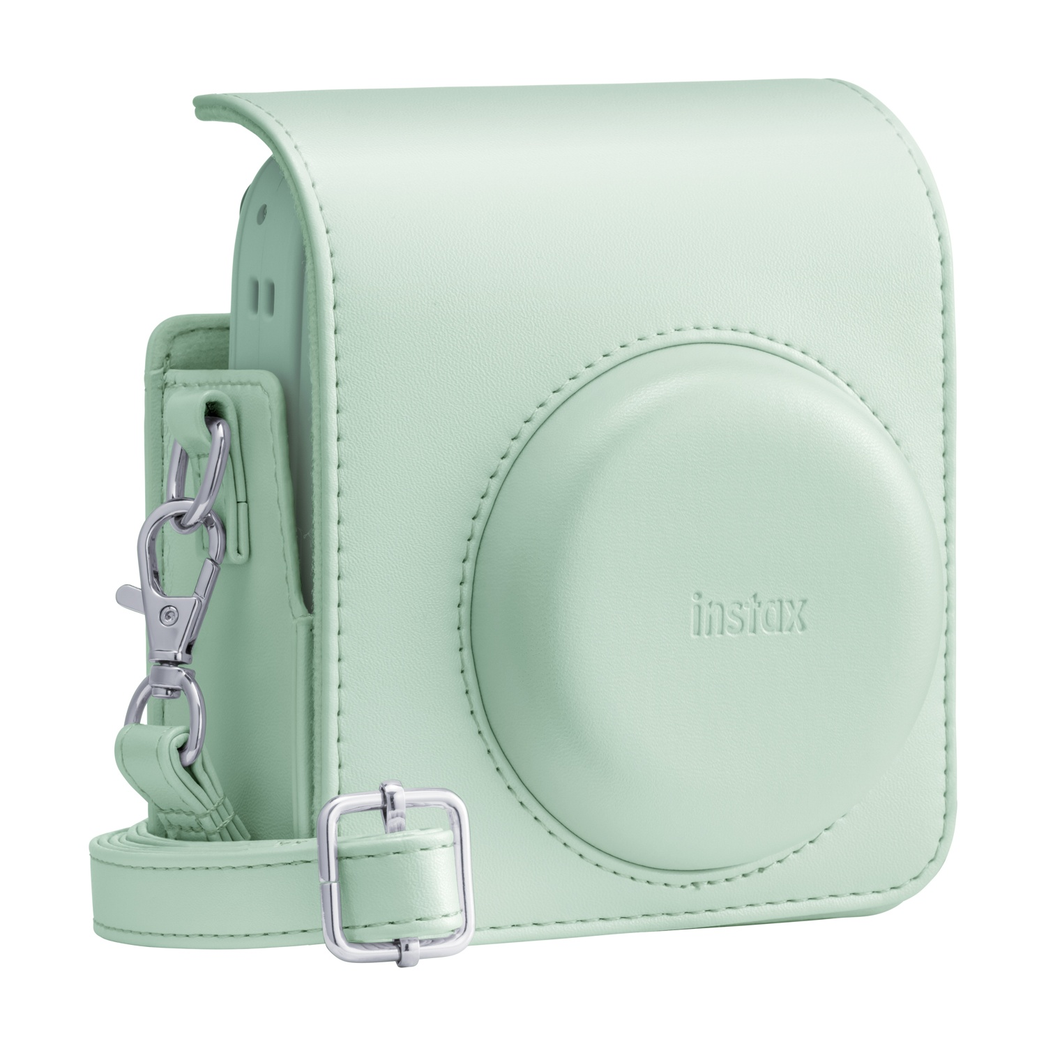 Custodia per fotocamera Instax in pelle verde chiaro con tracolla staccabile e fibbie in metallo su sfondo bianco.