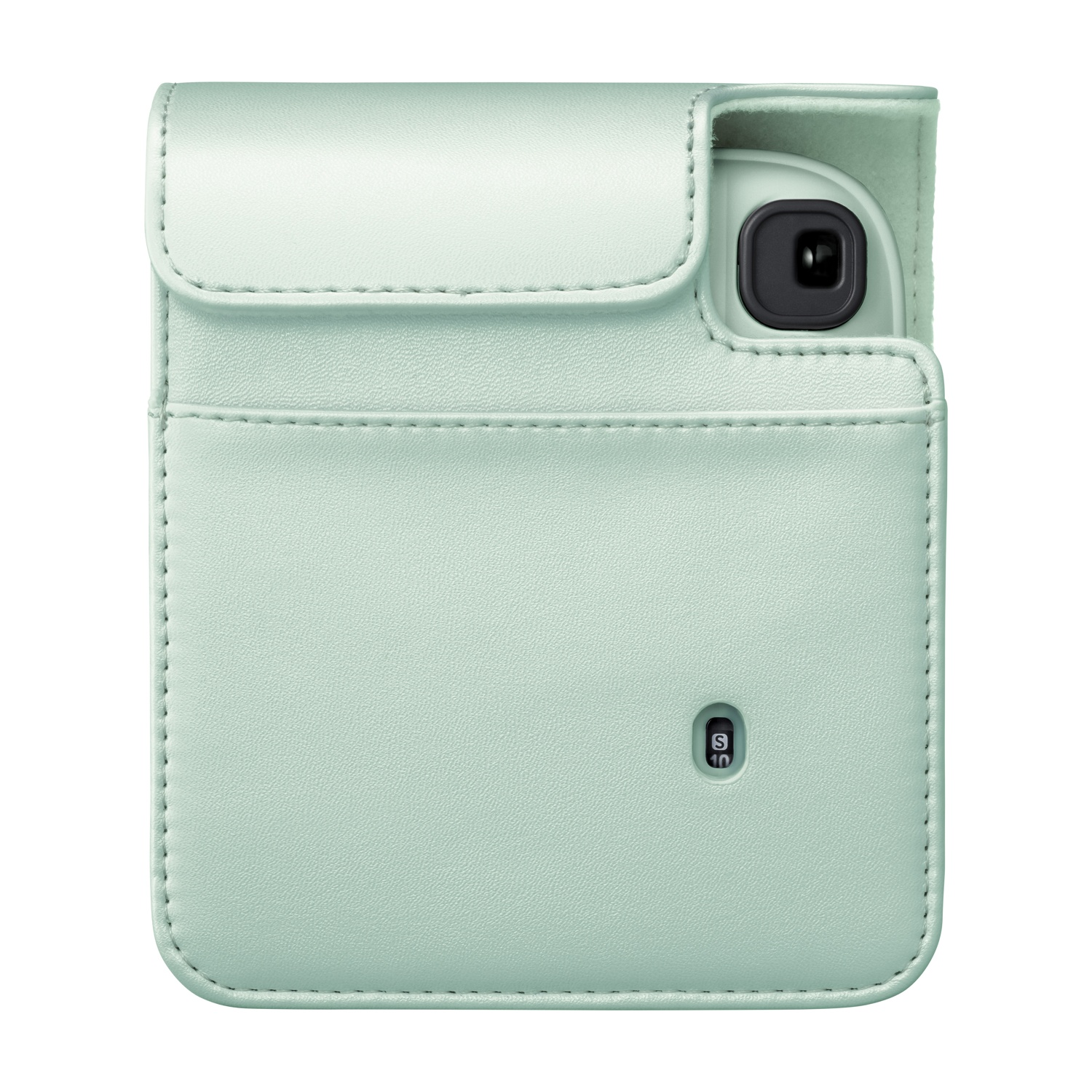 Custodia in pelle verde chiaro per fotocamera istantanea con obiettivo visibile.