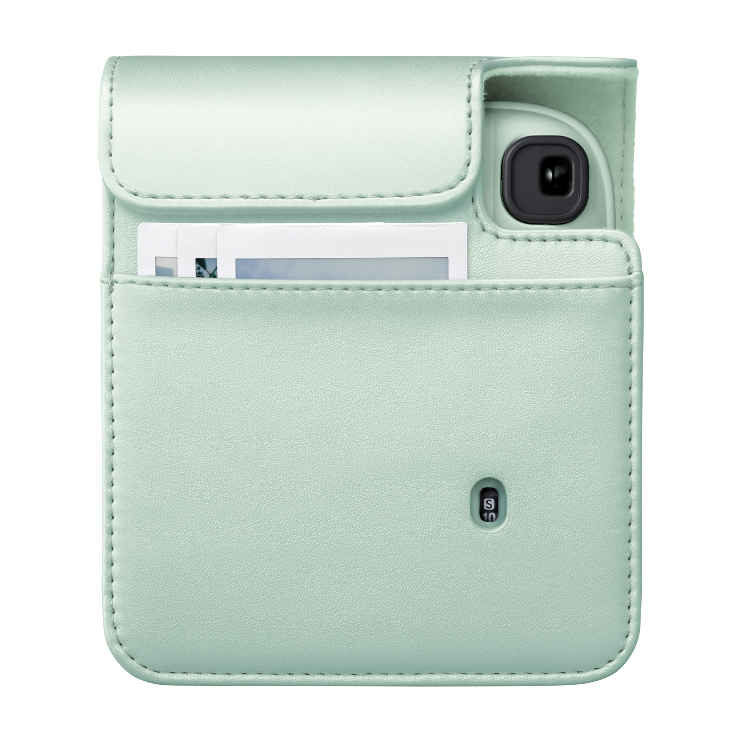 Custodia per fotocamera verde menta con foto istantanee nella tasca e obiettivo visibile.