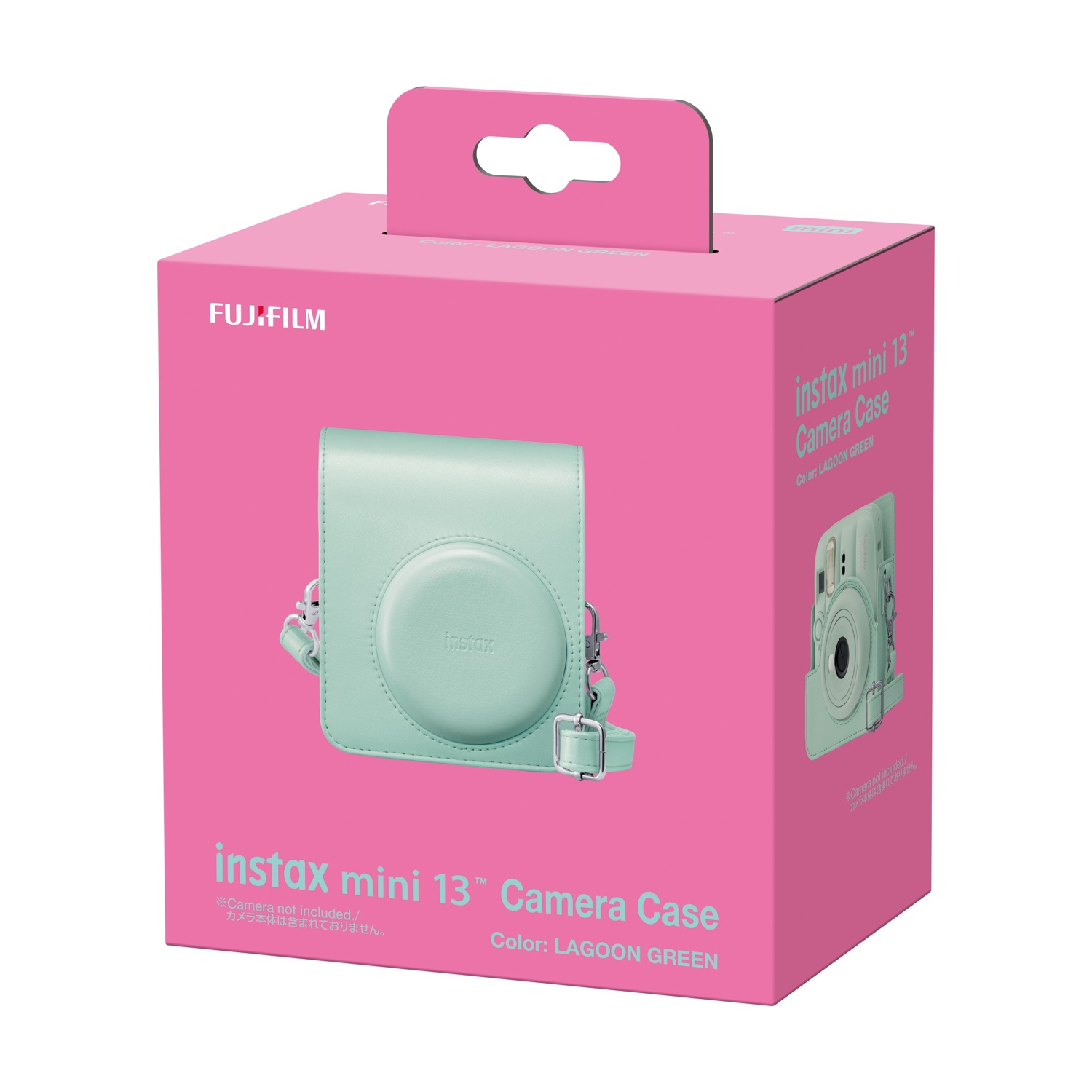 Scatola di imballaggio rosa per custodia fotocamera Fujifilm Instax Mini 13 verde laguna, con immagine del prodotto davanti.