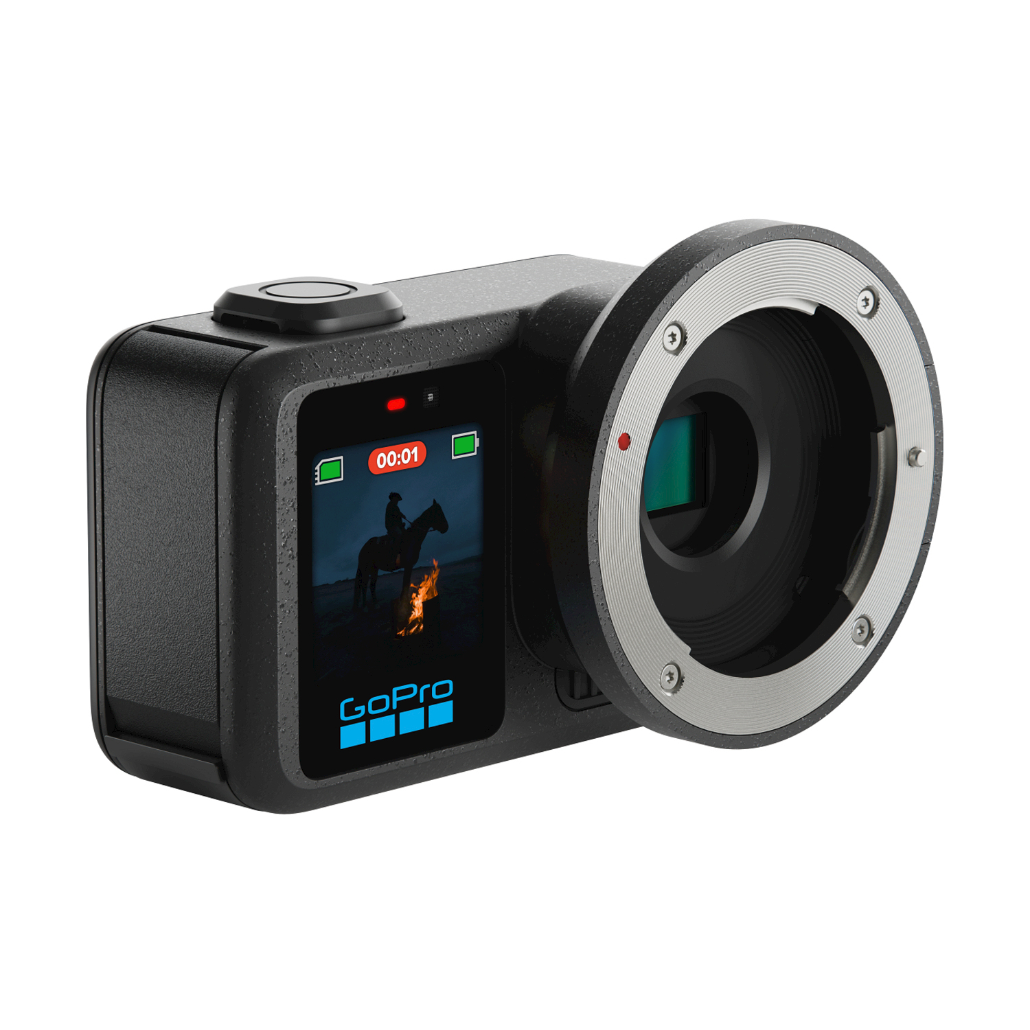Una action cam GoPro nera con un grande adattatore per obiettivo in metallo sulla parte anteriore.