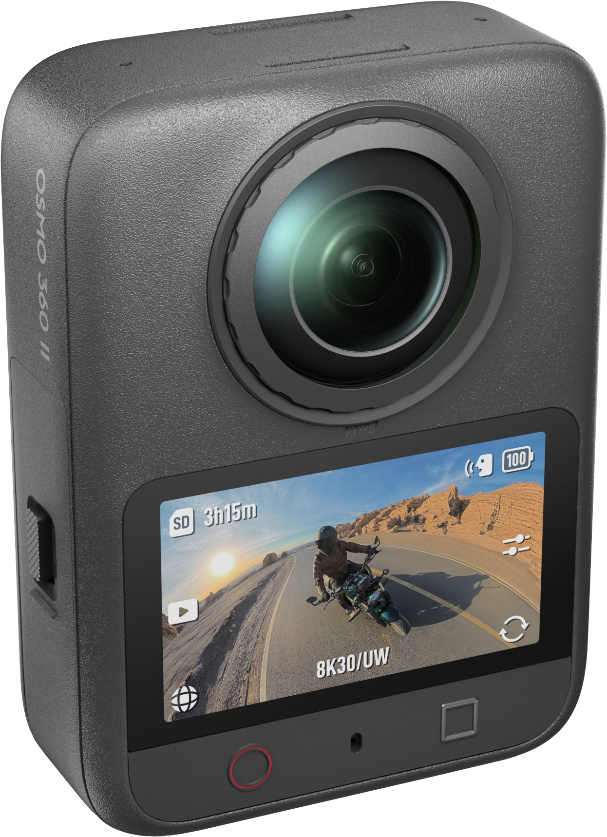 Szürke Osmo 360 II akciókamera felső lencsével és motoros sivatagi utat mutató képernyővel.