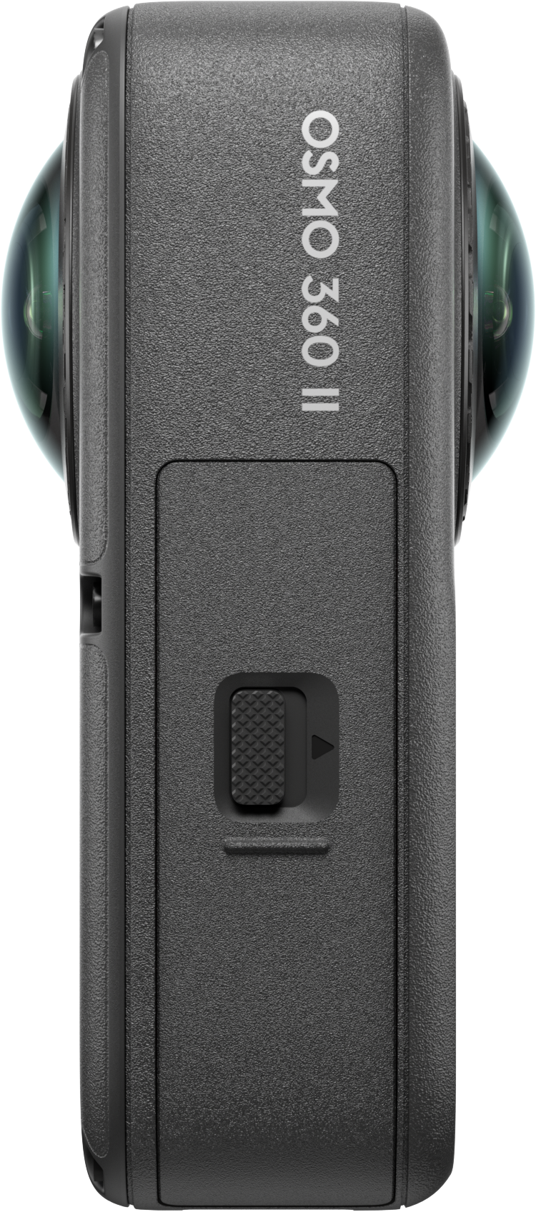 Az Osmo 360 II kamera oldalsó nézete texturált házzal, duplalencsével és egy csúszókapcsolóval.