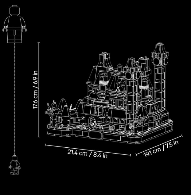 Strichzeichnung eines Lego-Schlosses mit Maßen von 17,6 cm Höhe, 21,4 cm Breite und 19,1 cm Tiefe.