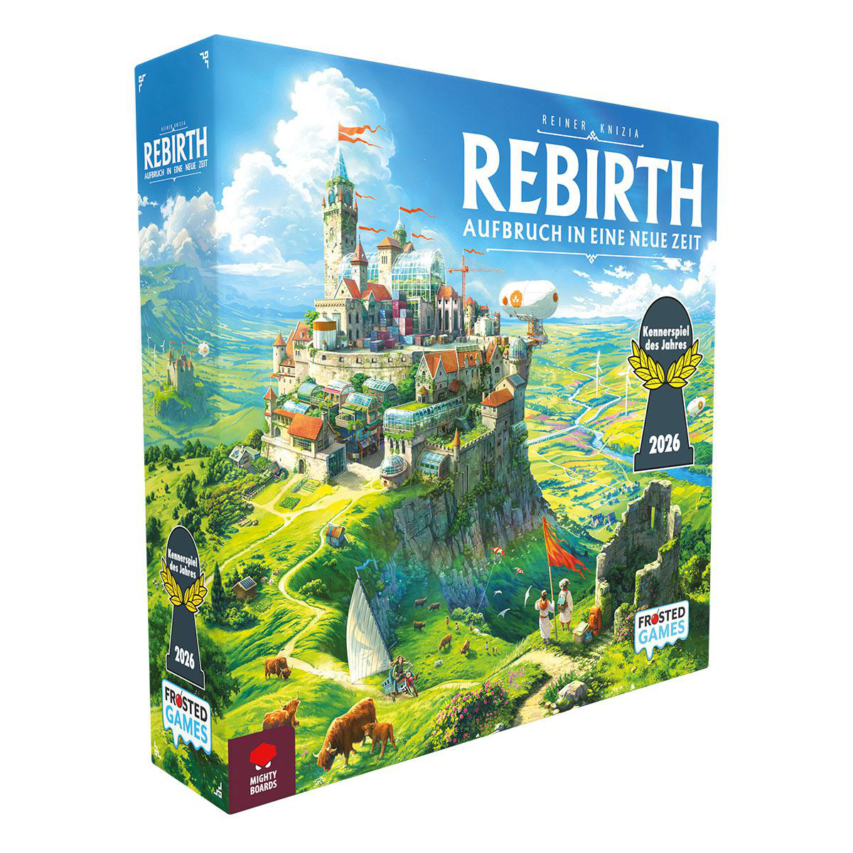 Die Brettspielverpackung von Rebirth zeigt ein großes Schloss auf einem Hügel in einer grünen Landschaft.