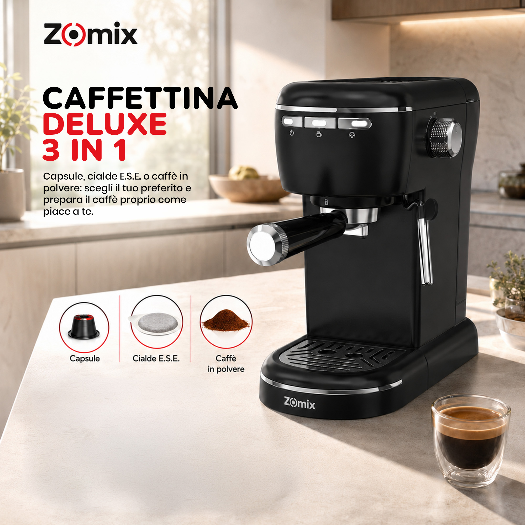 Macchina da caffè espresso nera Zomix 3 in 1 su piano chiaro con bicchiere di caffè.