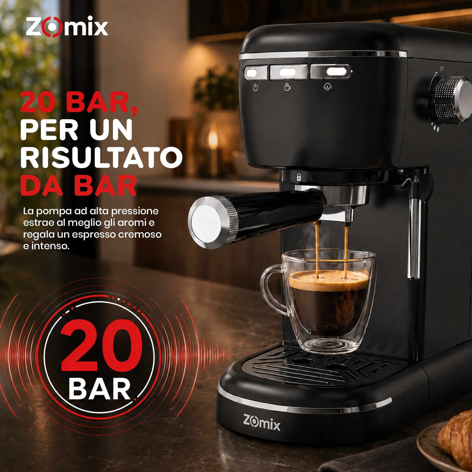 Una macchina da caffè Zomix nera eroga caffè fresco in una tazza di vetro.