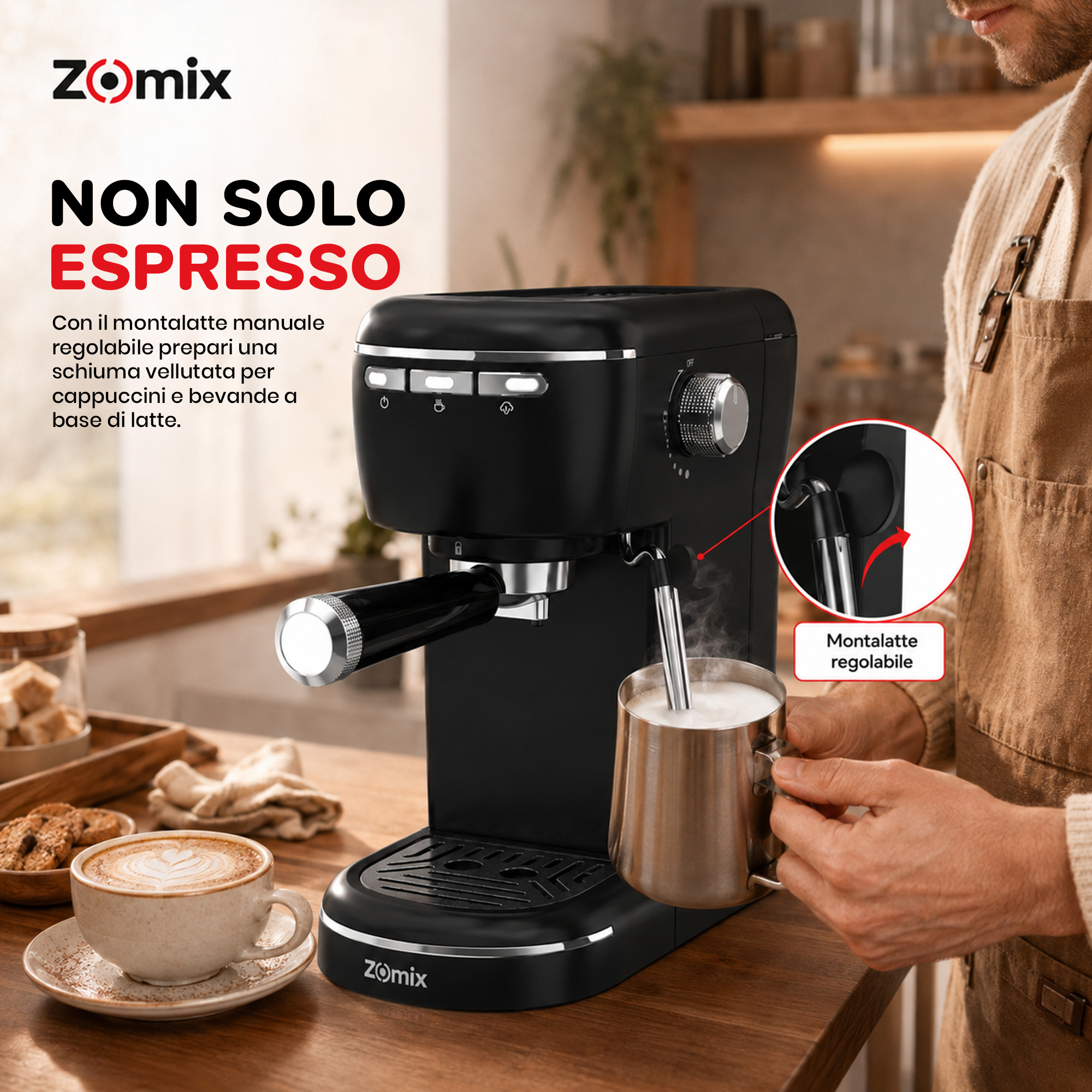 Macchina da caffè espresso Zomix nera con montalatte manuale, su un piano di lavoro in legno.
