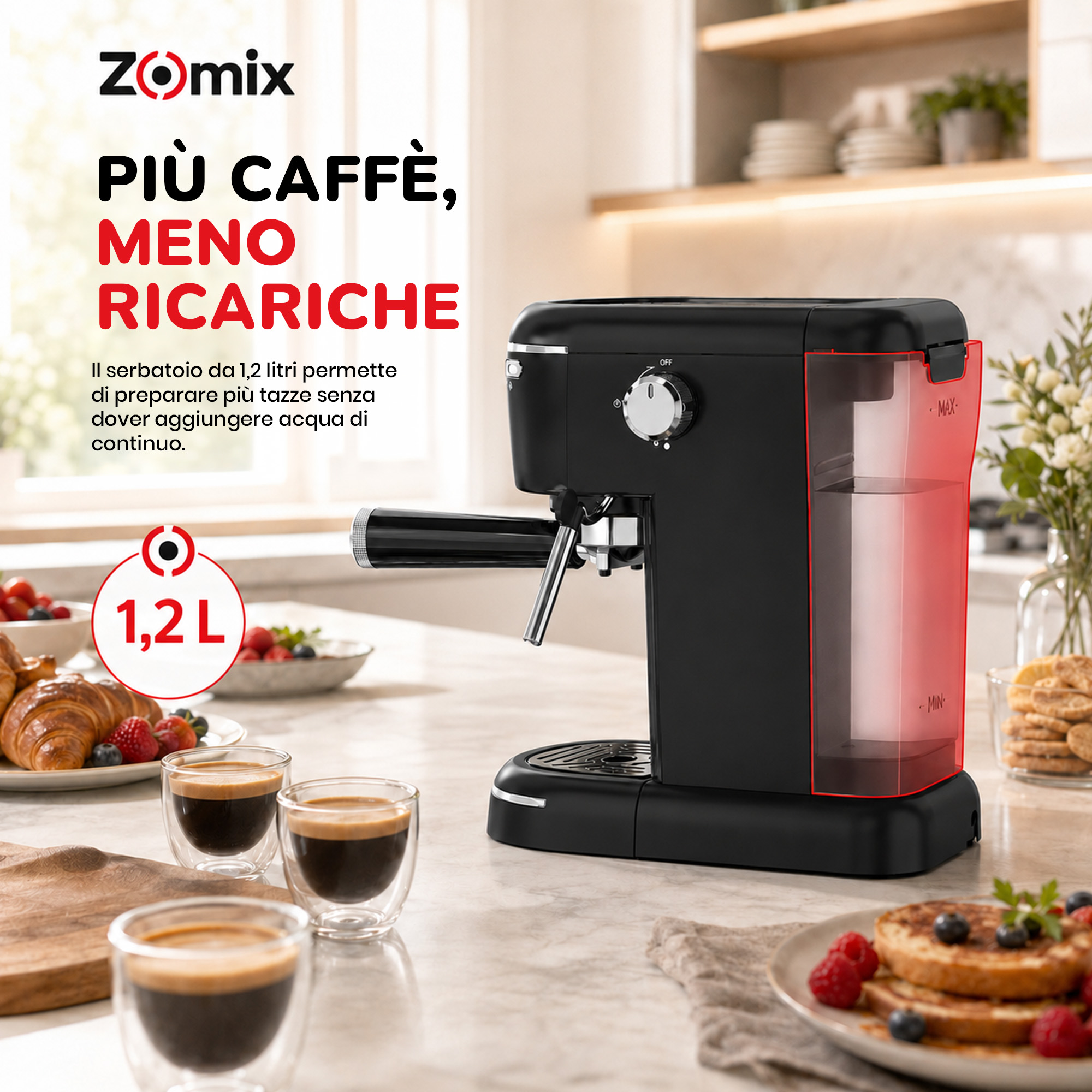 Una macchina da caffè nera con serbatoio rosso su un piano in marmo, con tazze di caffè e dolci.