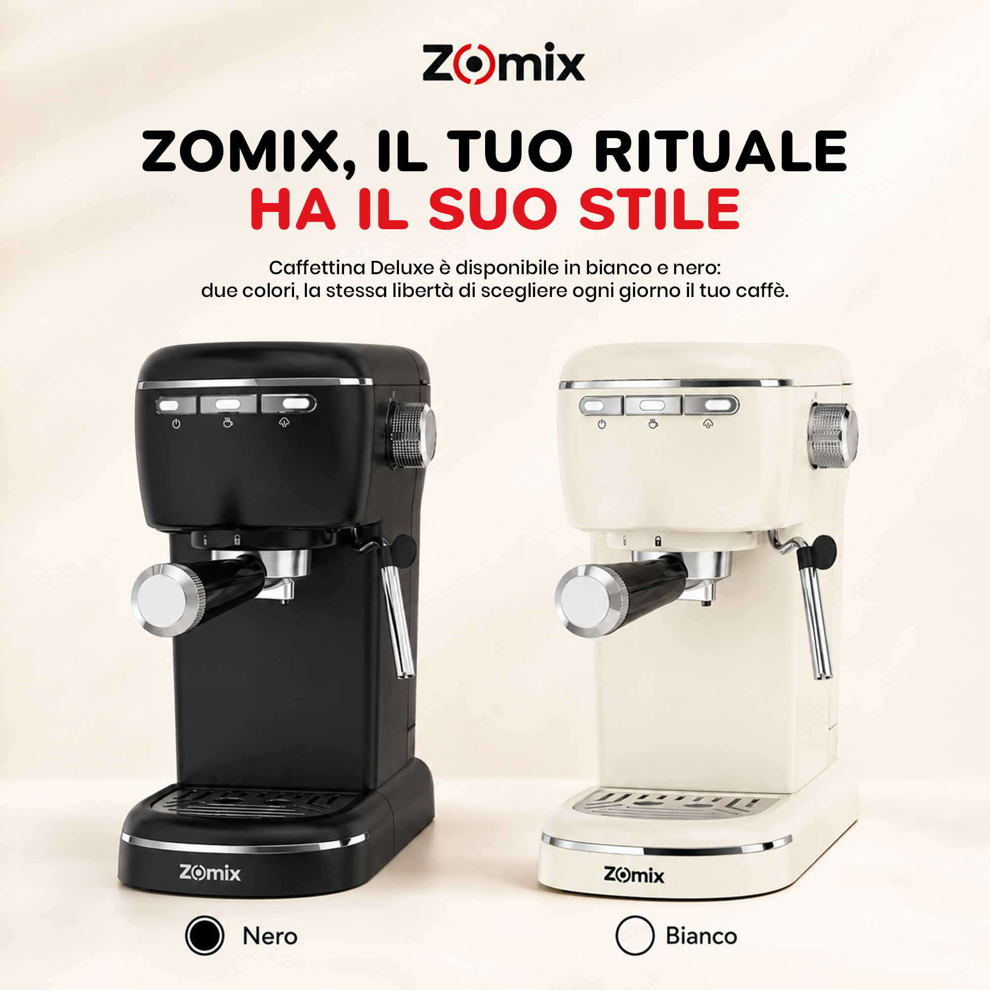 Due macchine da caffè Zomix in bianco e nero affiancate su sfondo chiaro.