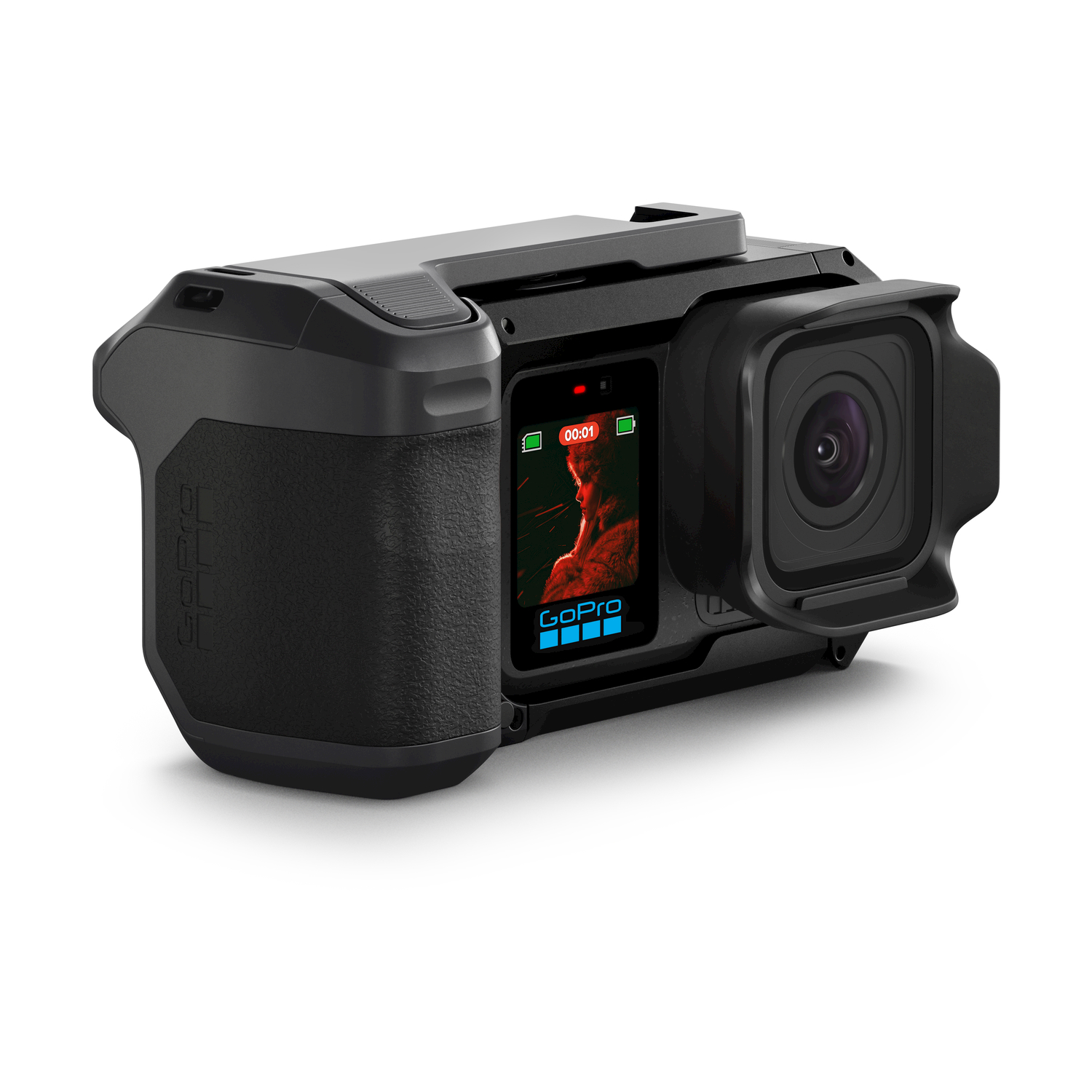 Una fotocamera GoPro nera con media mod e display anteriore su sfondo bianco.