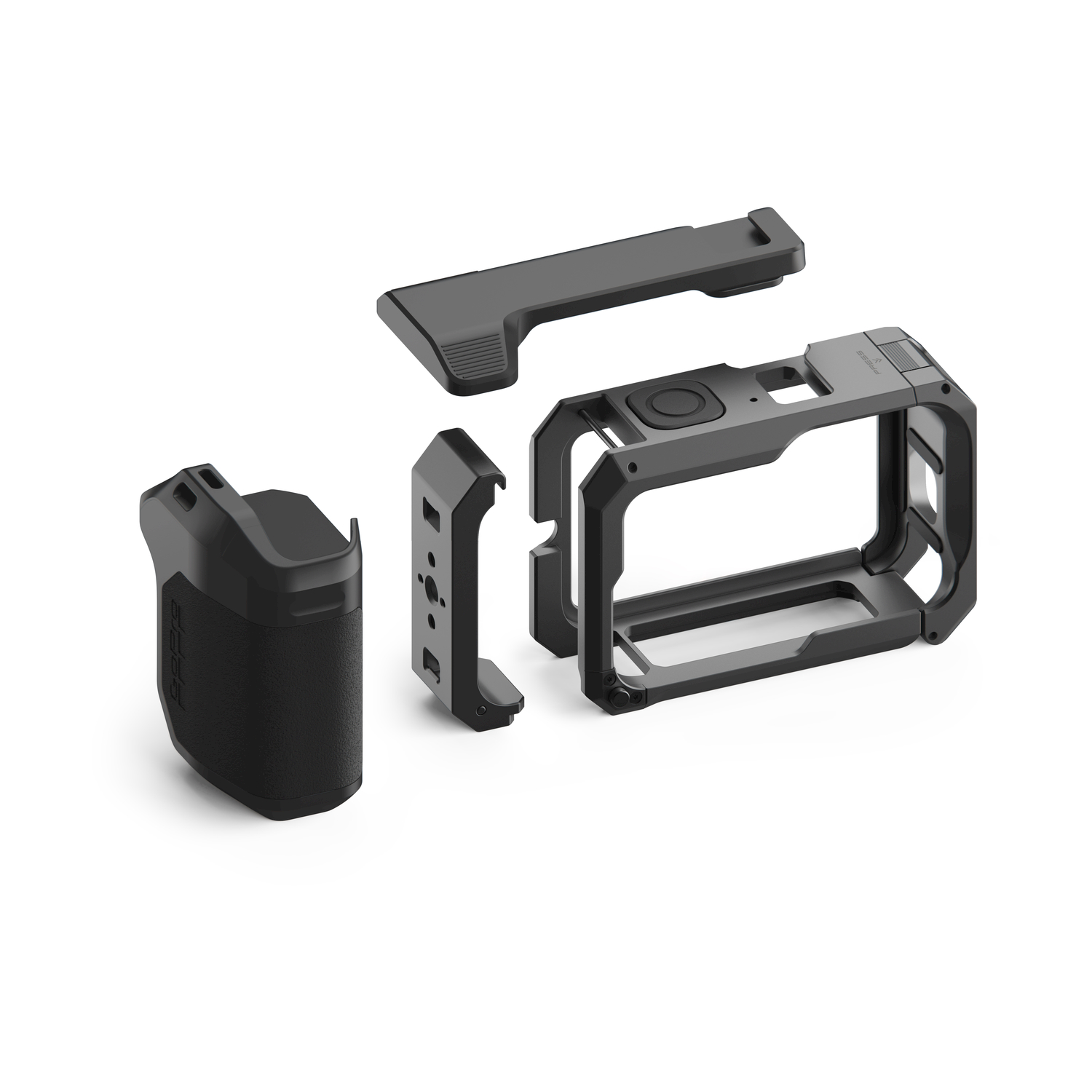 Set di accessori per action camera nero con telaio, impugnatura, pannello laterale e coperchio.