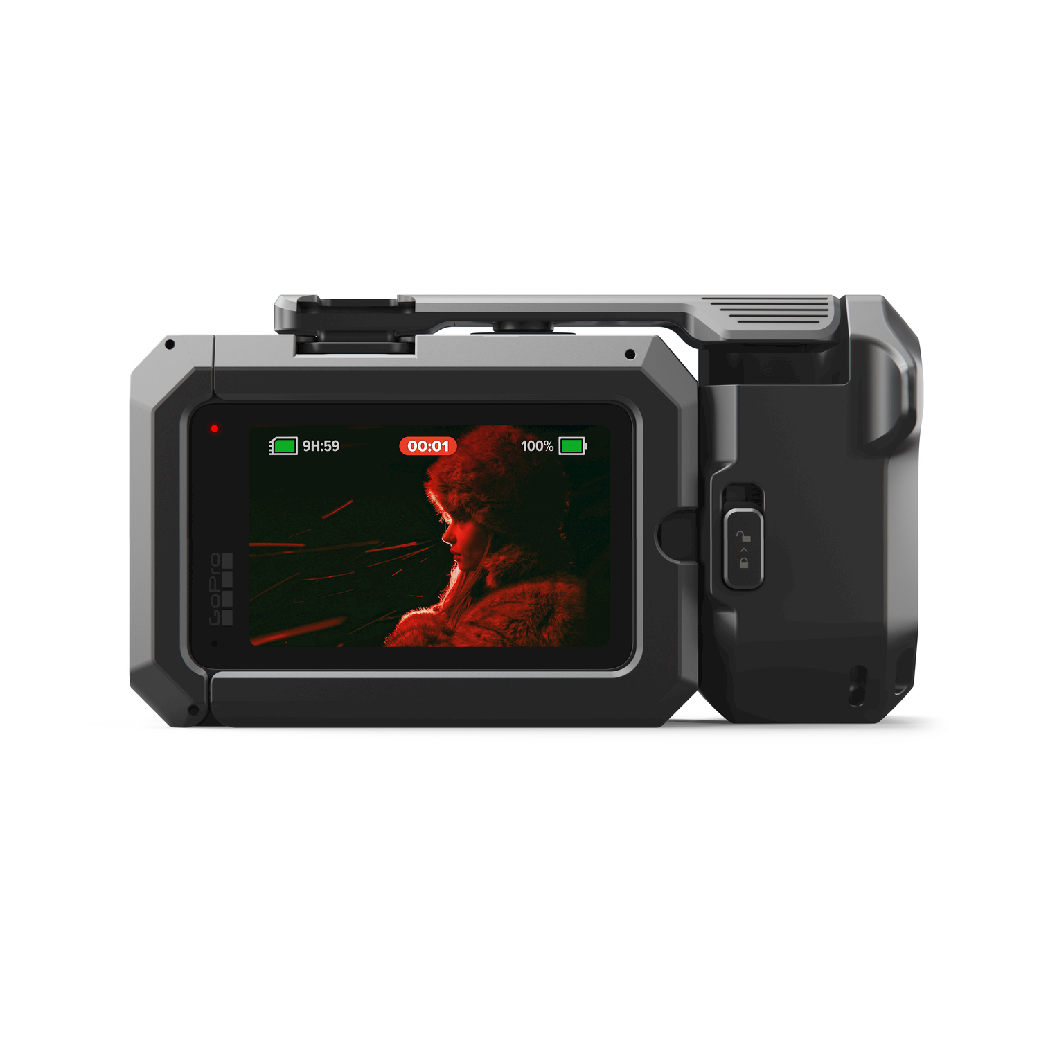 Telecamera GoPro in custodia protettiva che mostra la registrazione di una donna.