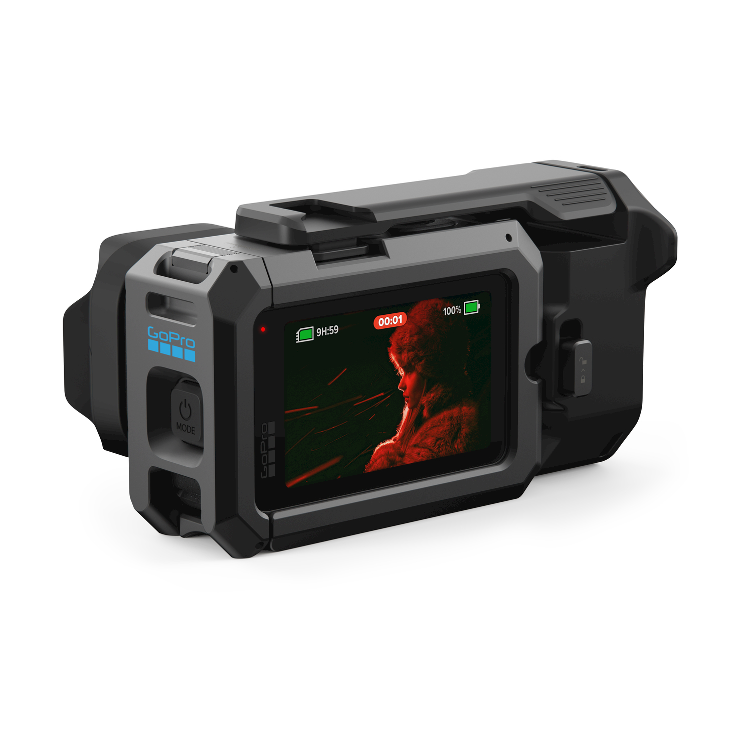 Telecamera GoPro nera in custodia protettiva su sfondo bianco con display attivo.