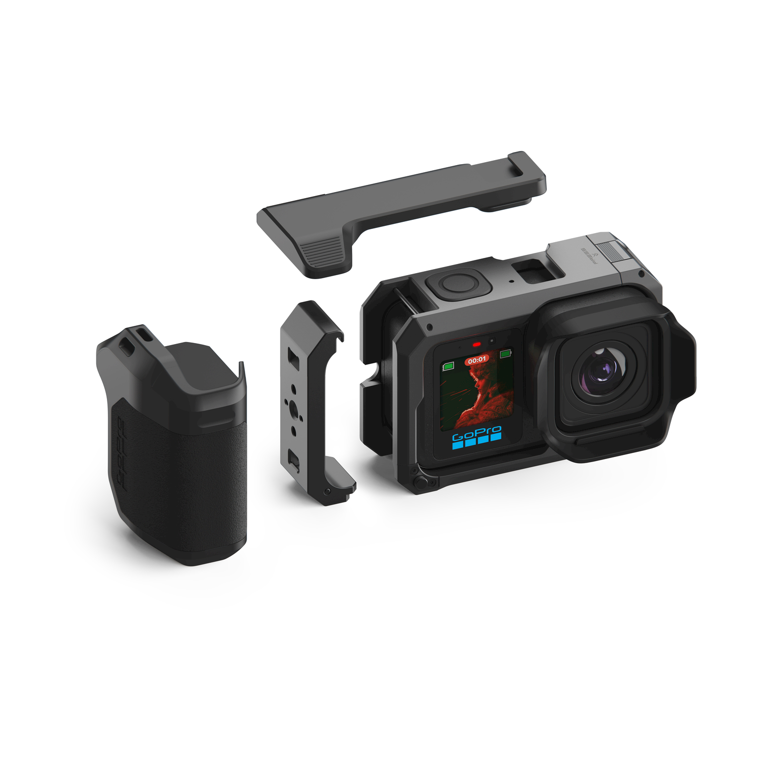 Una action cam GoPro nera mostrata smontata con custodia protettiva, impugnatura e accessori di montaggio.
