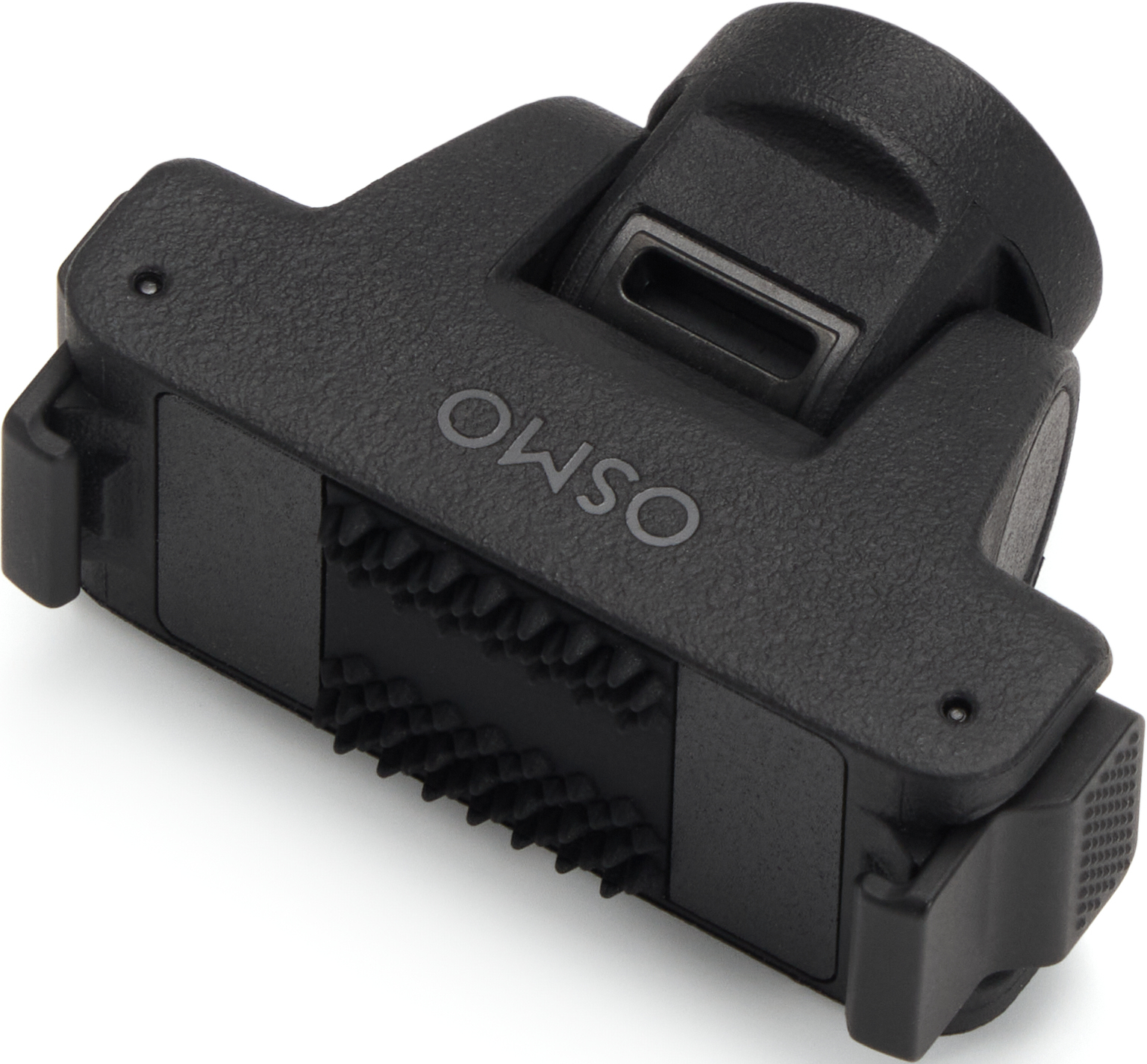 Schwarzes Osmo-Zubehörteil aus Kunststoff mit integrierten Zähnen und Clip-Mechanismus auf weißem Grund.