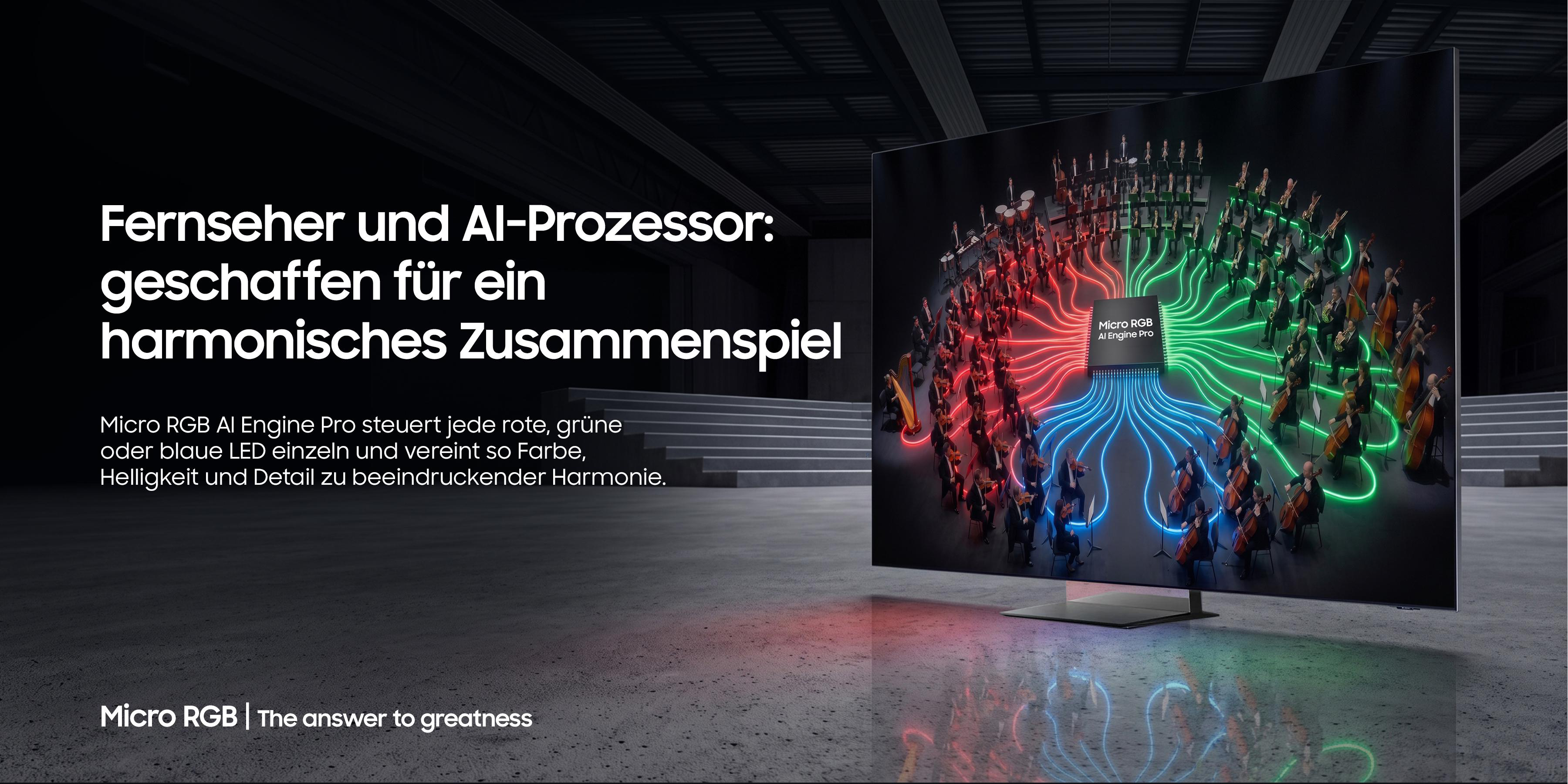 Ein großer Bildschirm zeigt ein Orchester, verbunden durch rote, grüne und blaue Linien mit einem AI-Chip.