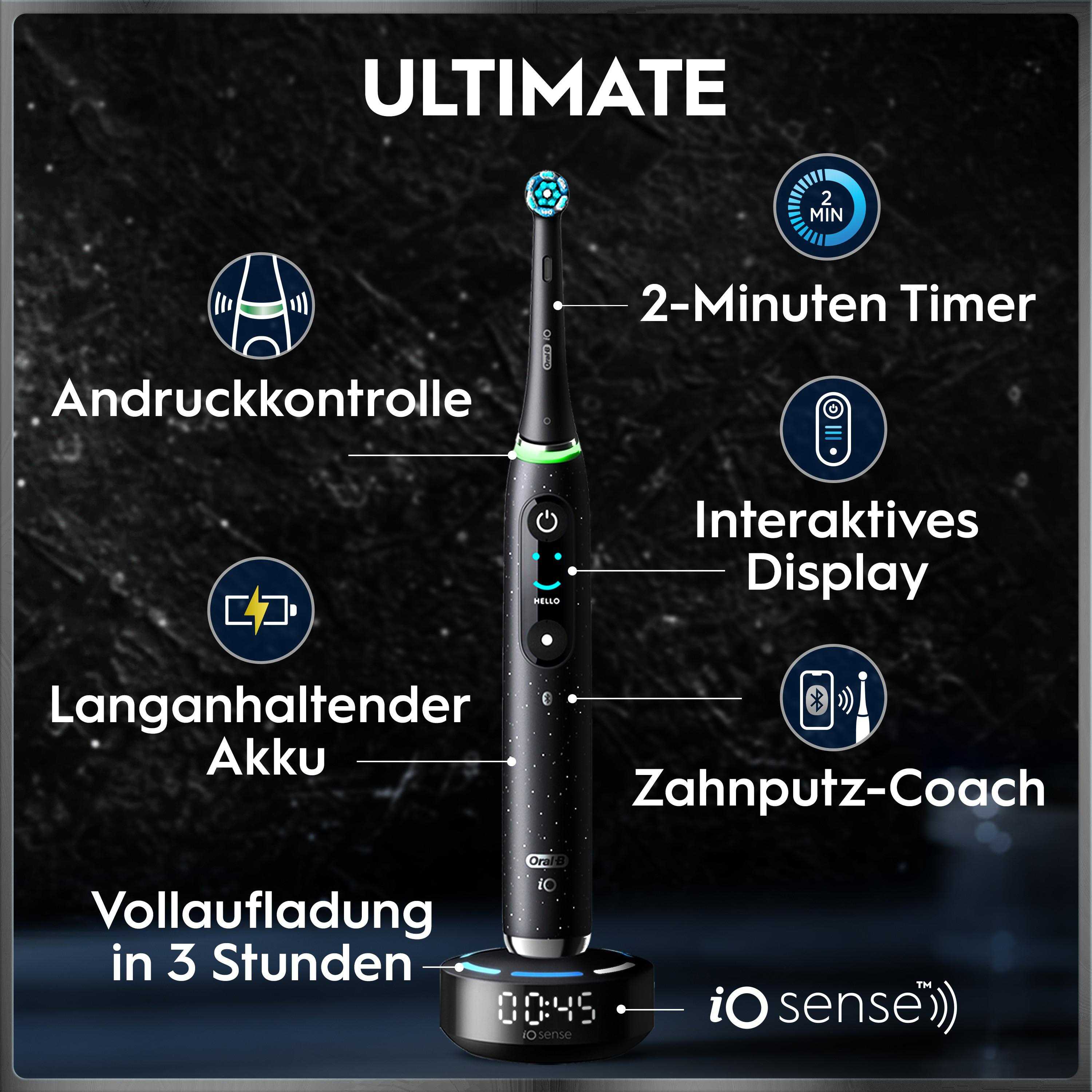 Schwarze Oral-B iO Zahnbürste auf einer Ladestation mit Funktionen wie Timer und Display.