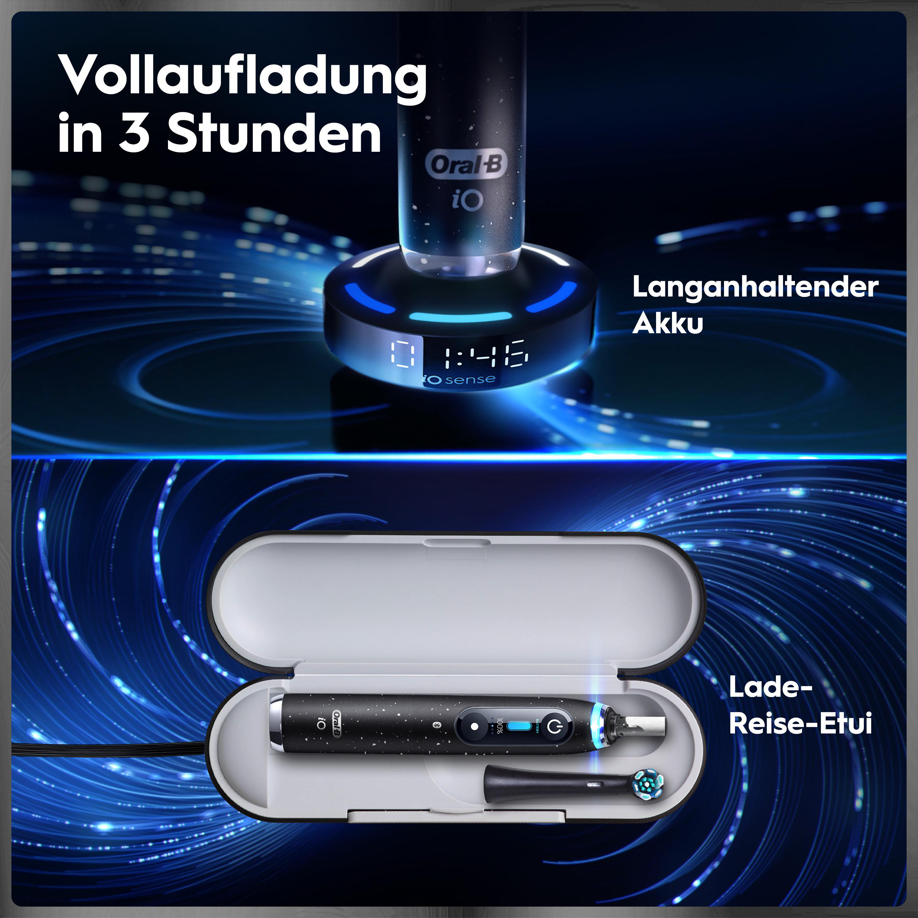 Oral-B iO Zahnbürste auf Ladestation und im Reiseetui mit blauem Hintergrund und deutschen Texten.