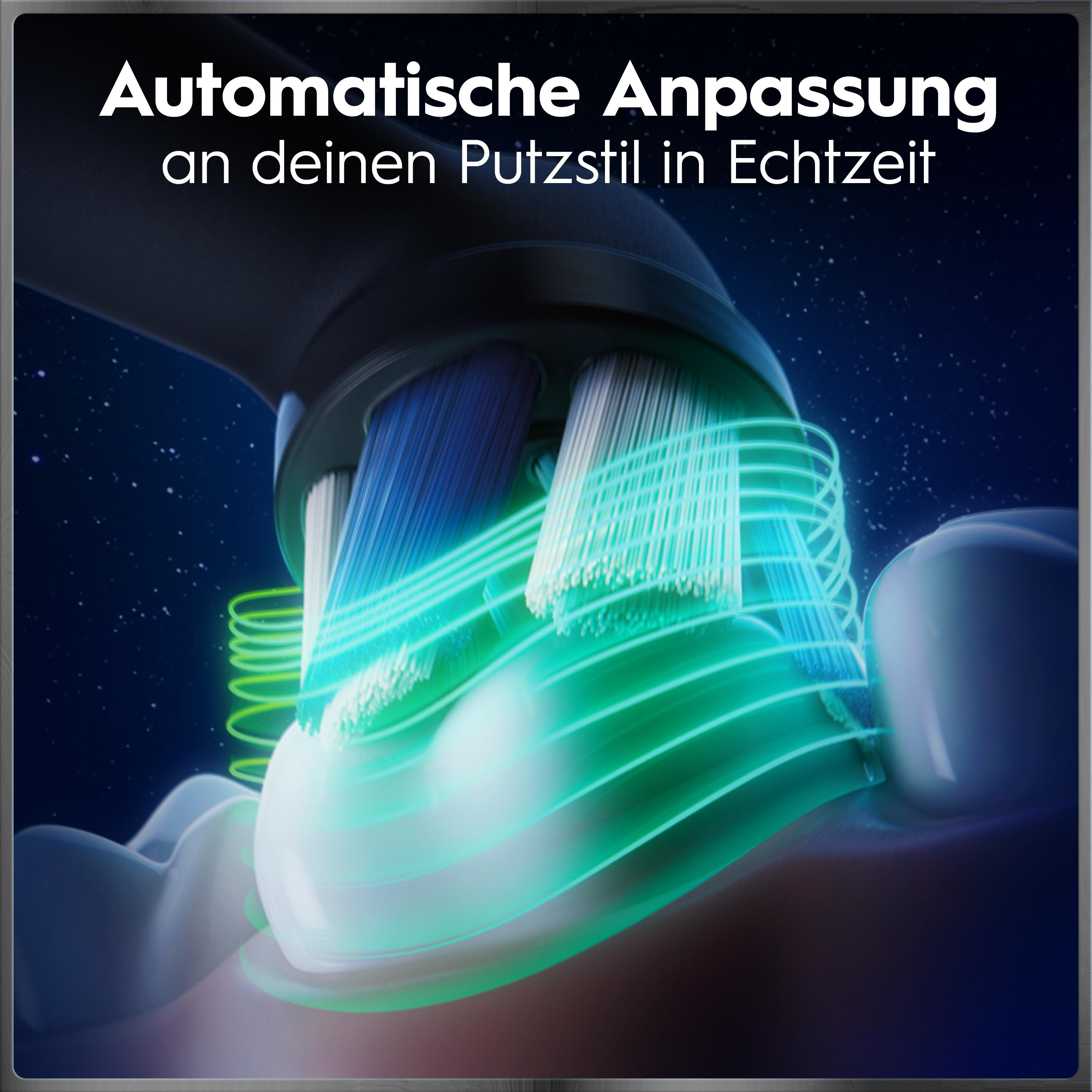 Eine elektrische Zahnbürste reinigt Zähne, umgeben von grünen Lichtwellen, mit Text auf Deutsch.
