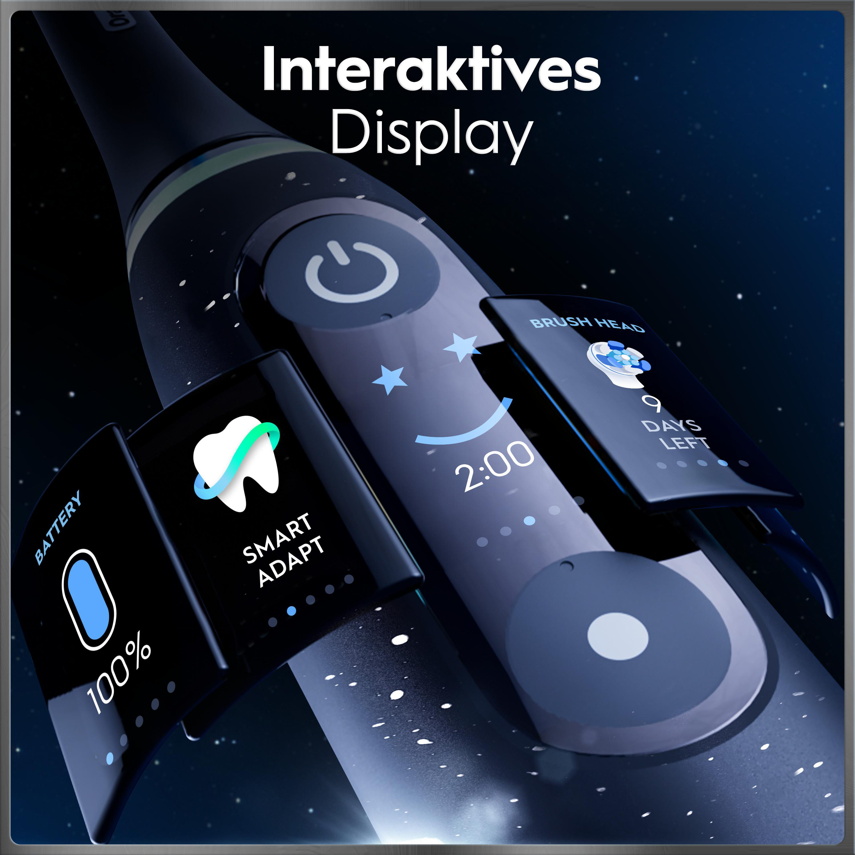 Schwarze elektrische Zahnbürste mit interaktivem Display, das Akku, Zahnstatus und Bürstenkopf anzeigt.