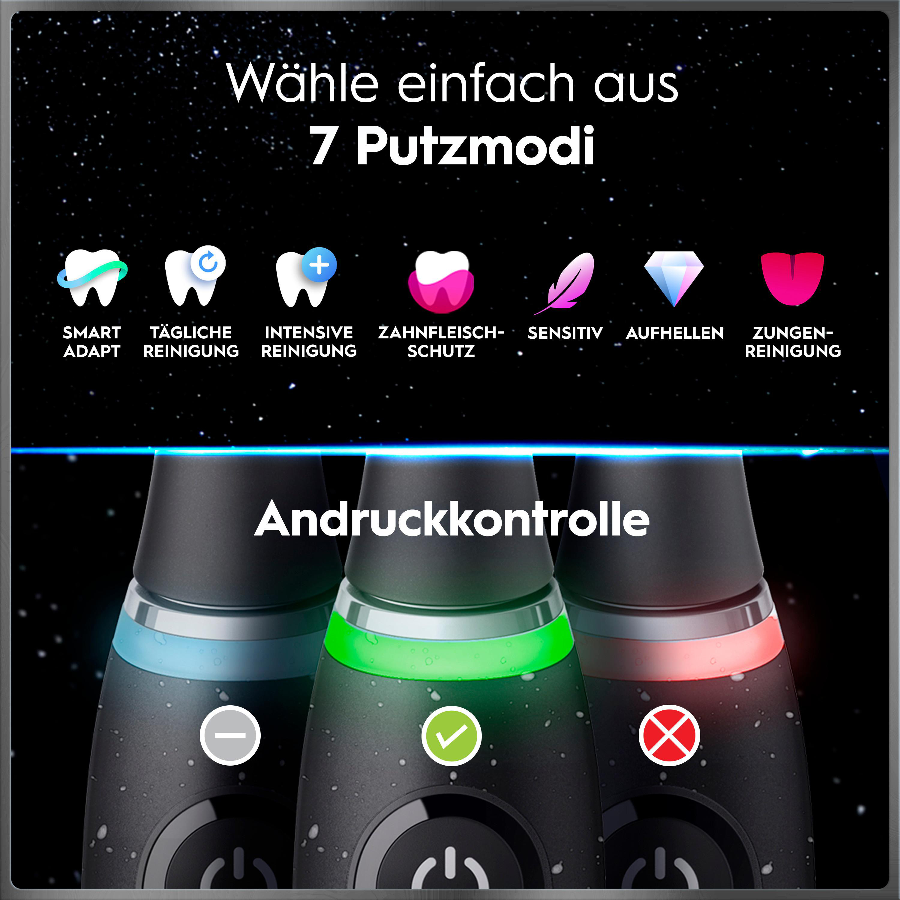 Werbung für elektrische Zahnbürsten mit 7 Putzmodi und Andruckkontrolle in verschiedenen Farben.