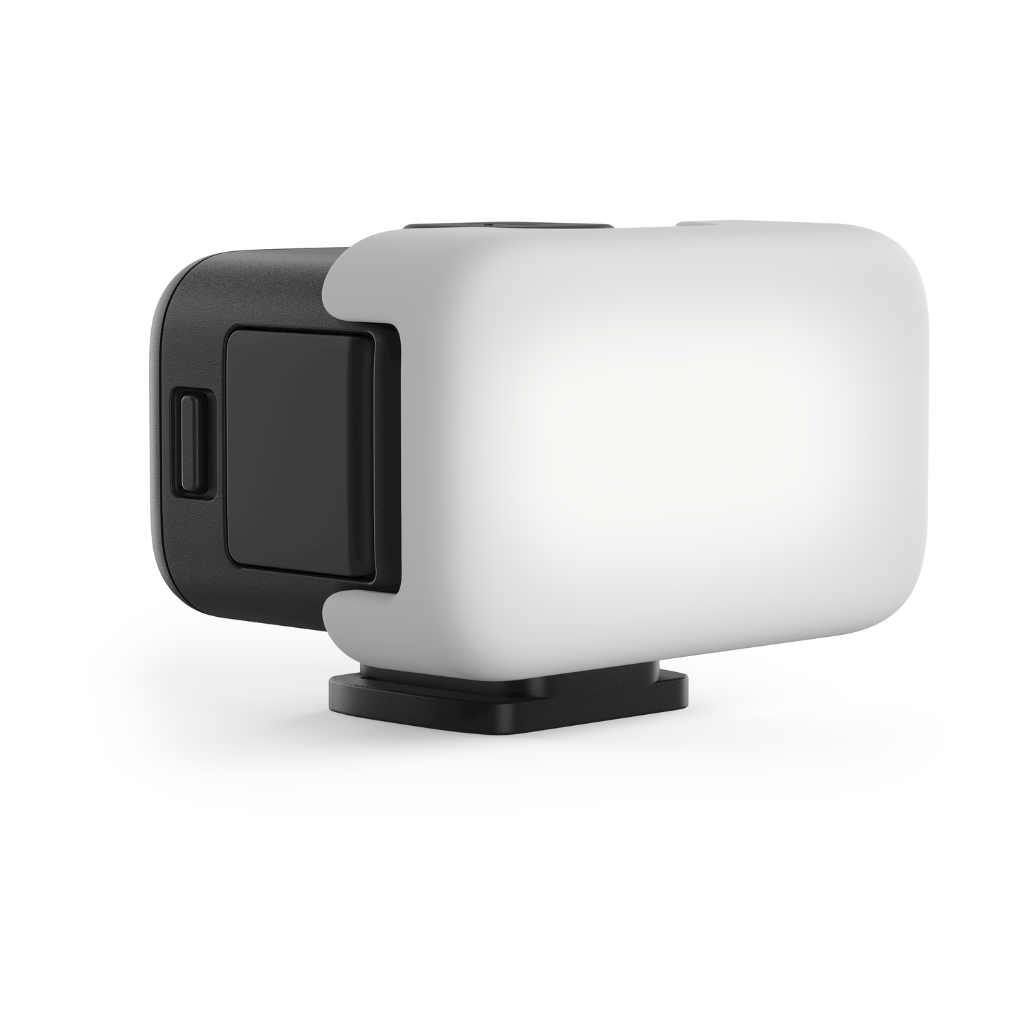 Una mini sorgente luminosa a LED rettangolare, nera e bianca con supporto su fondo bianco.