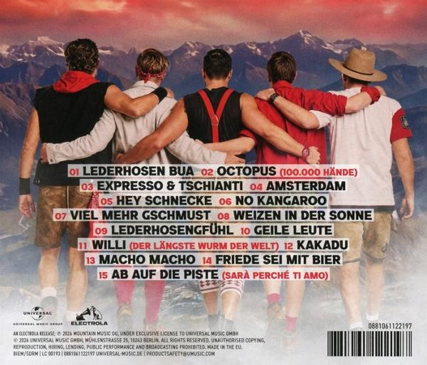 Rückseite eines Musikalbums mit fünf Männern von hinten vor einer Bergkulisse und einer Liedliste.