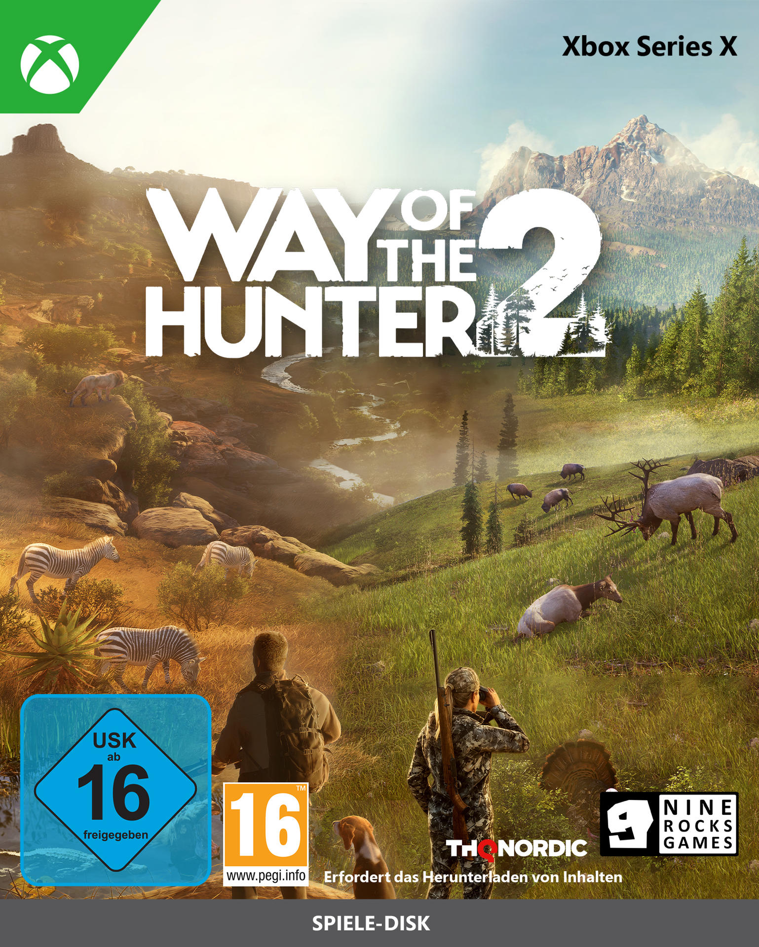 Xbox Series X Cover für Way of the Hunter 2 mit Jägern, Hund und Wildtieren in einer weiten Naturlandschaft.