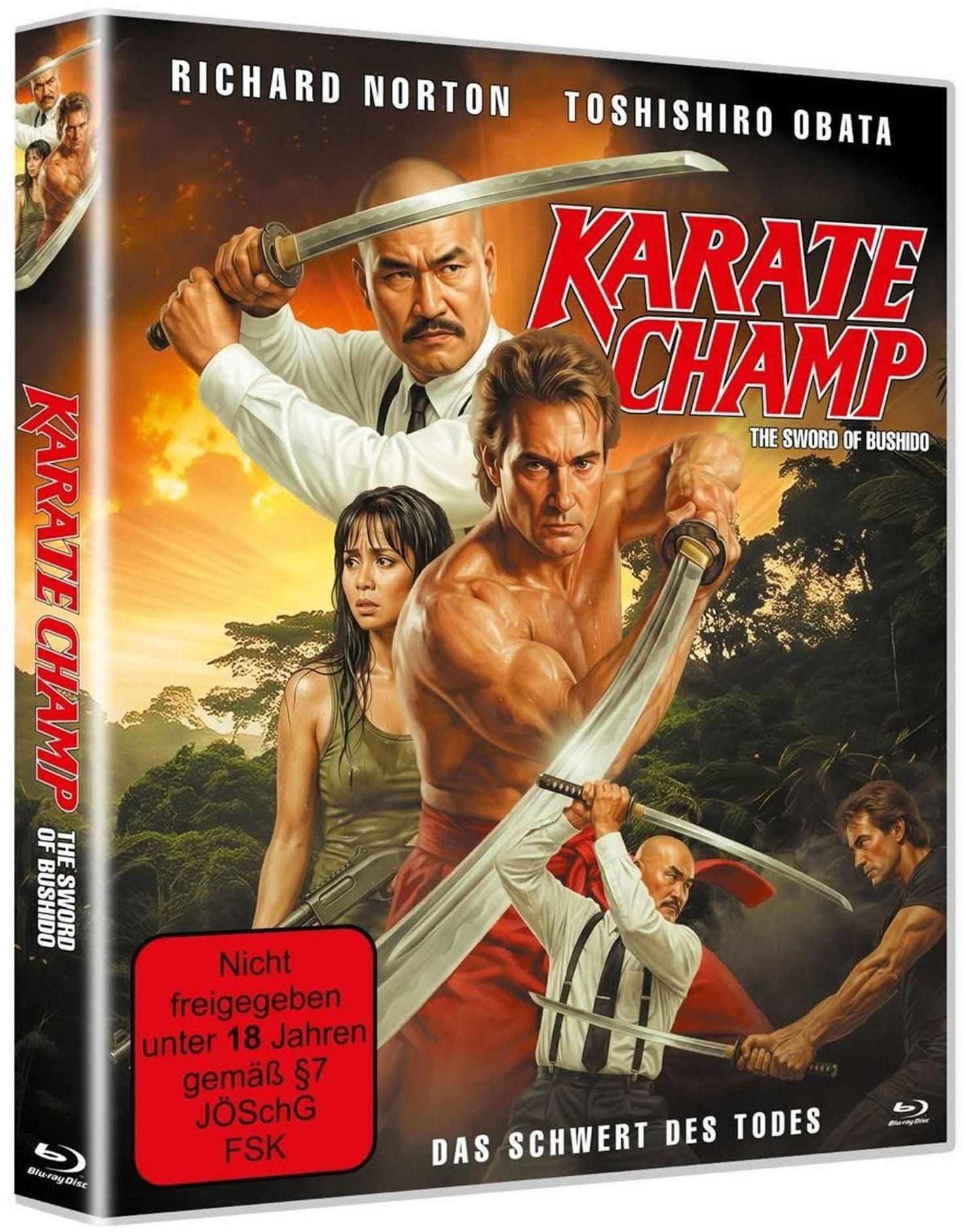 DVD-Cover von Karate Champ mit Richard Norton und Toshishiro Obata, die Schwerter halten, vor einer Dschungelkulisse.