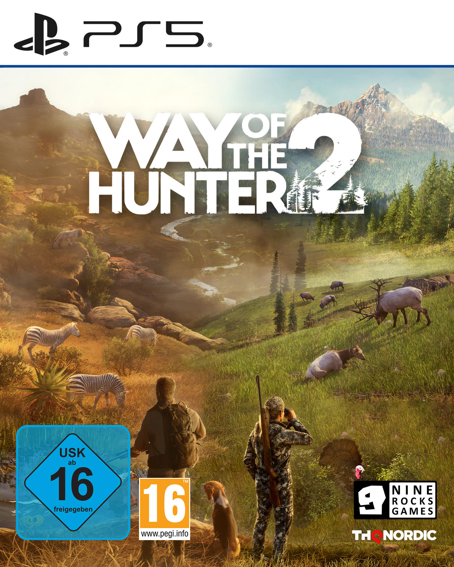 Spielcover für Way of the Hunter 2 mit Jägern, Hund und Tieren in einer weiten Naturlandschaft.