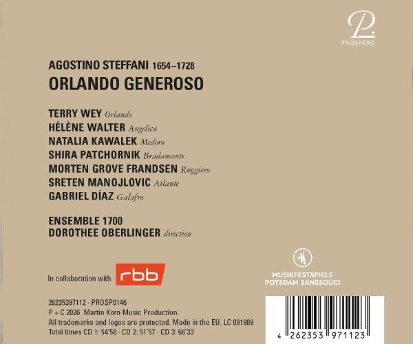 Rückseite der CD Orlando Generoso von Agostino Steffani mit Text, Besetzung und Logos auf beige Hintergrund.