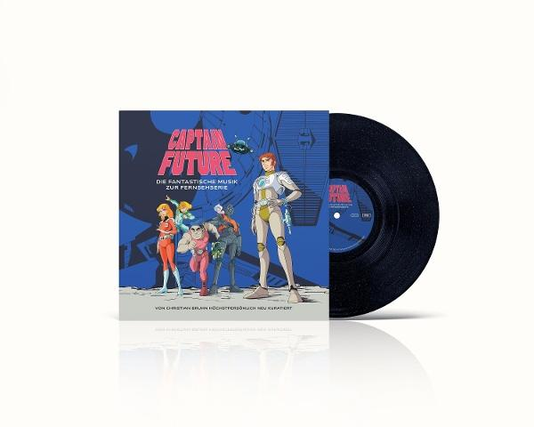 Captain Future Vinyl-Albumcover mit Charakteren auf blauem Hintergrund und schwarzer Schallplatte.