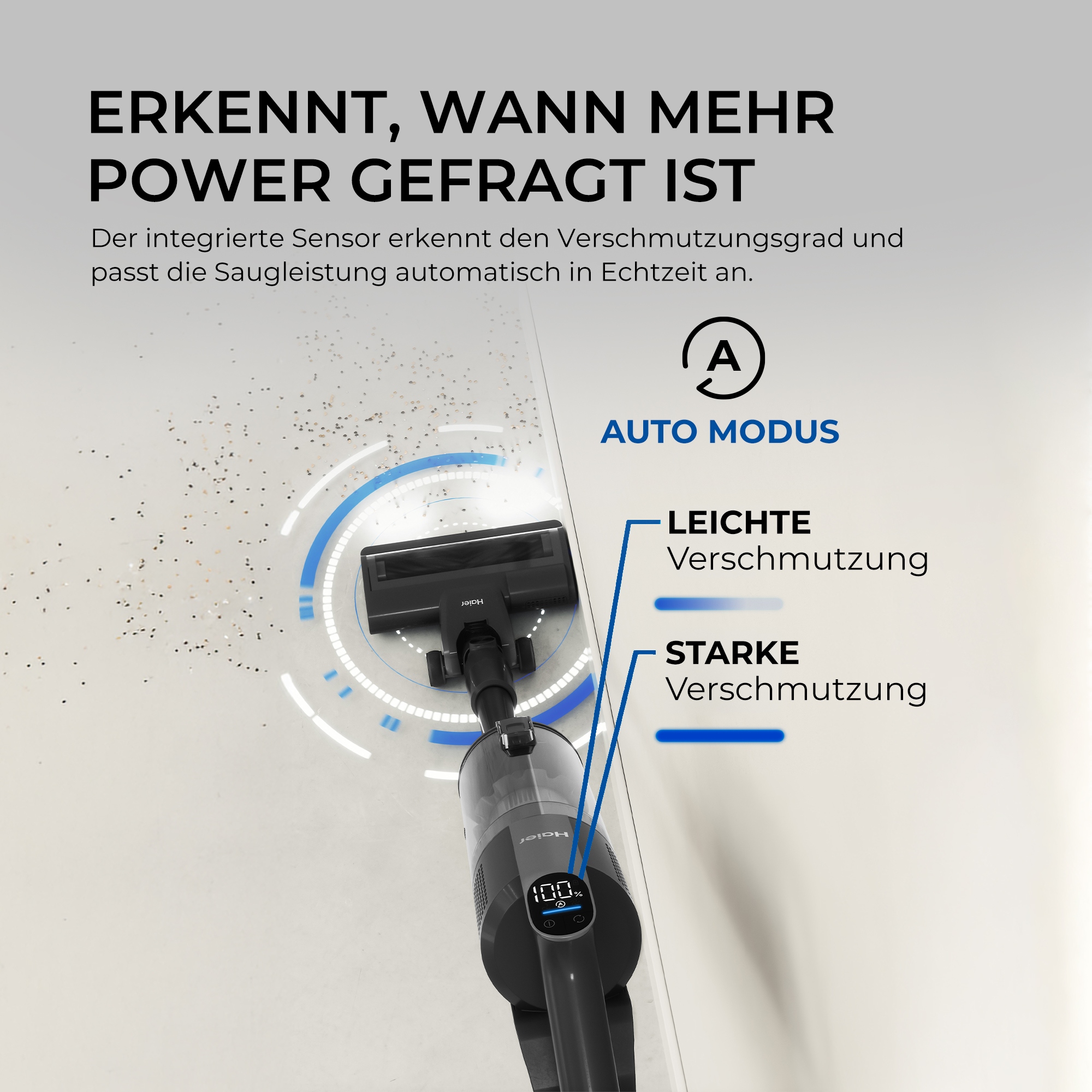 Staubsauger auf schmutzigem Boden mit automatischer Saugleistungsanpassung.