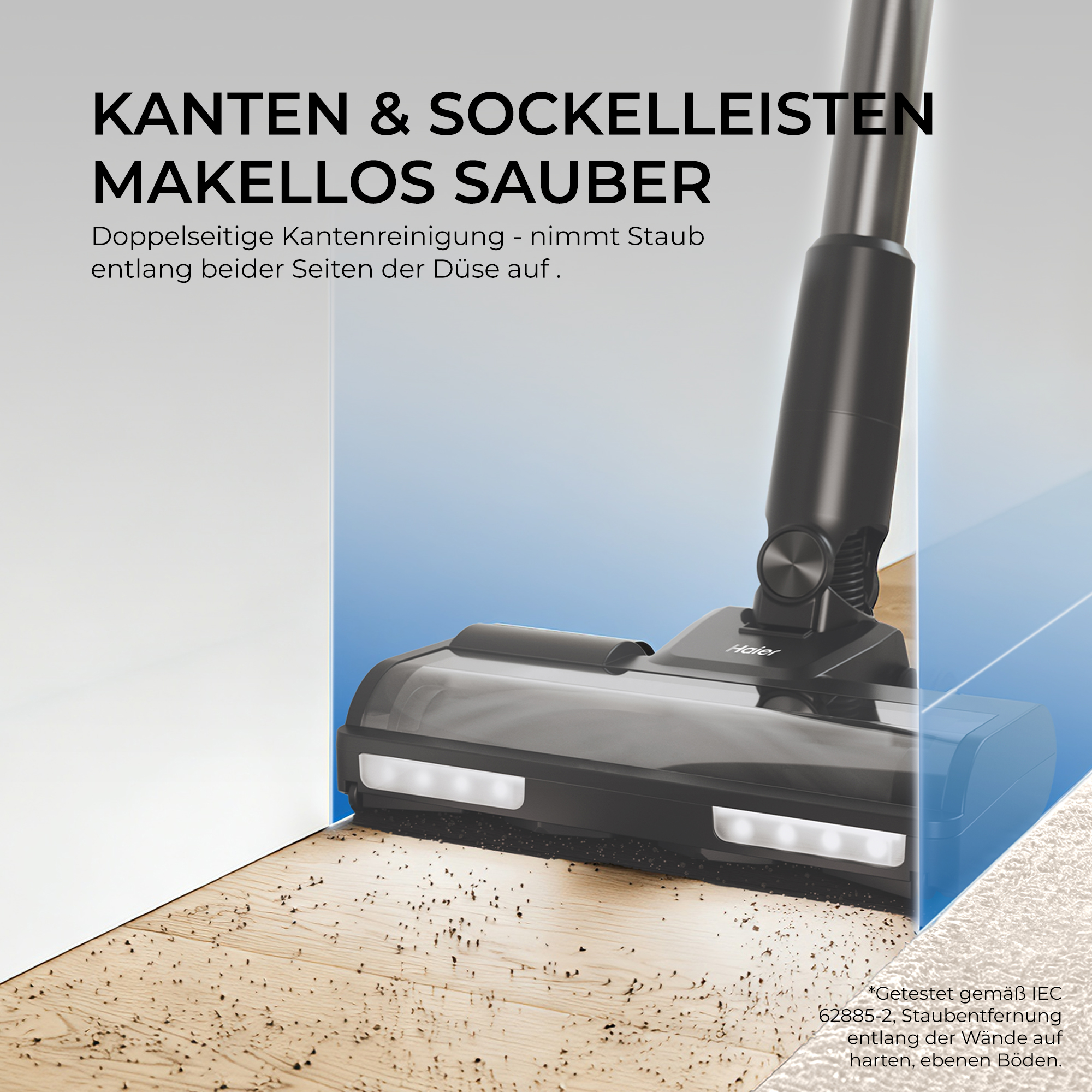Ein Haier-Staubsauger reinigt Kanten und Sockelleisten auf einem Holzboden.