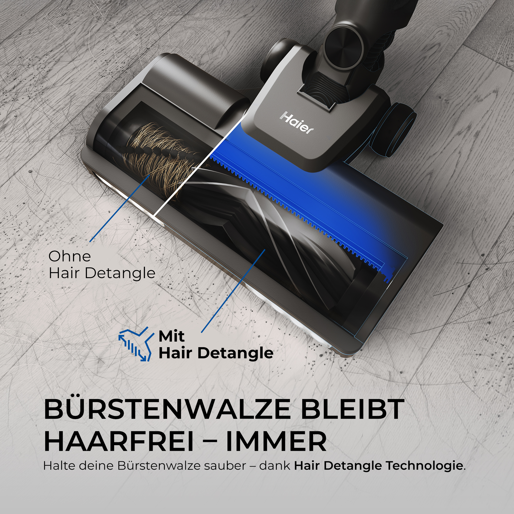 Haier Staubsauger-Bürstenwalze mit und ohne Haarentwirrung auf holprigem Boden.